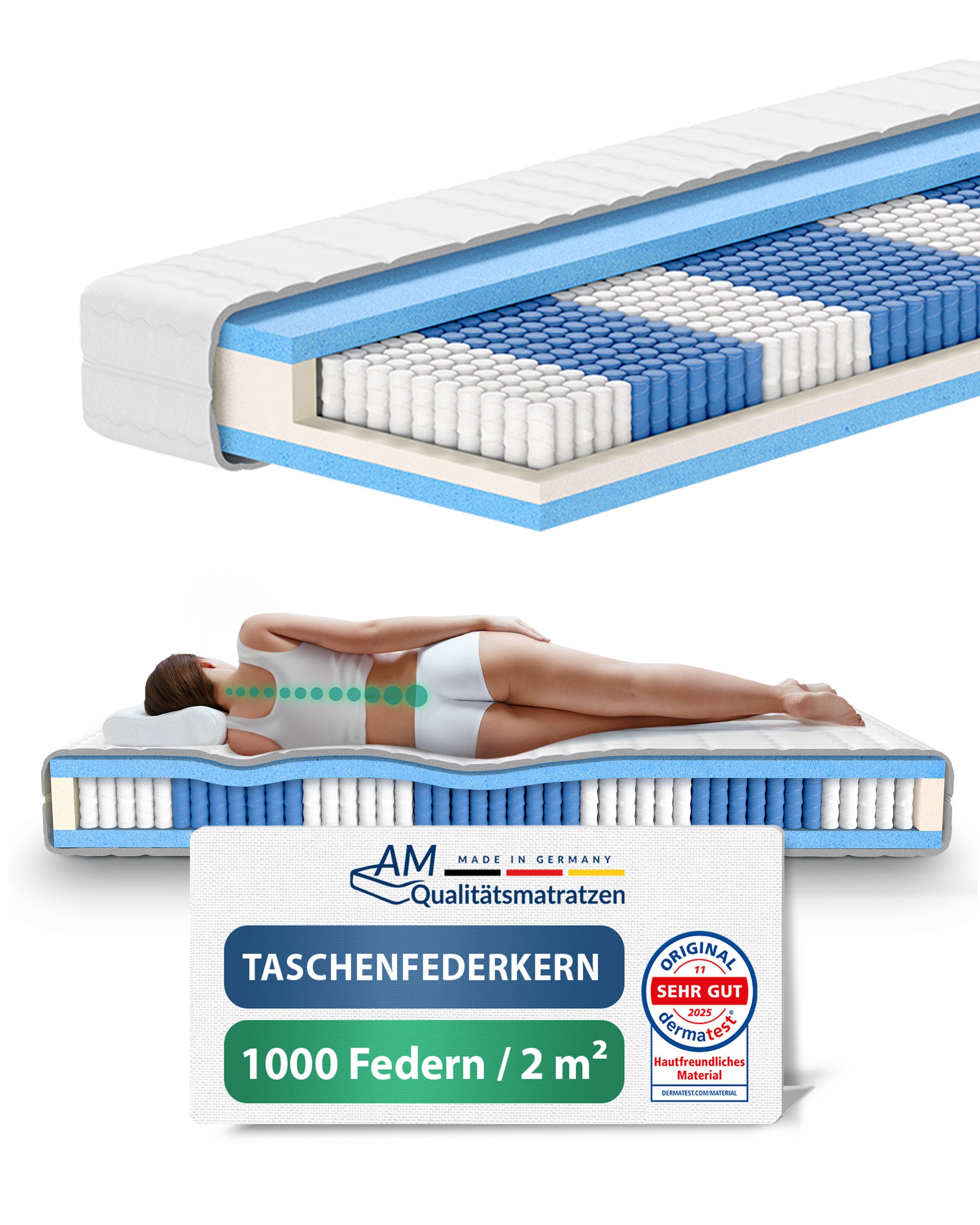 Taschenfederkernmatratze 1000 Federn, 7-Zonen Federkernmatratze, Besonders Anpassungsfähig, AM Qualitätsmatratzen, 24 cm hoch, 180x210 cm