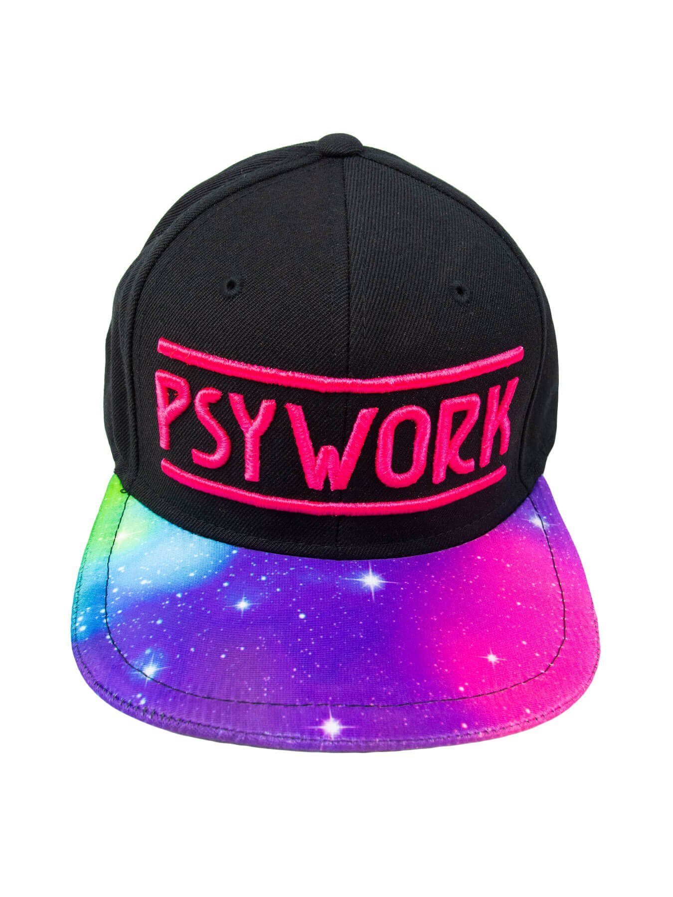 PSYWORK Snapback Cap Schwarzlicht Black Cap Neon "Psychedelic Universe", Pink UV-aktiv, leuchtet unter Schwarzlicht