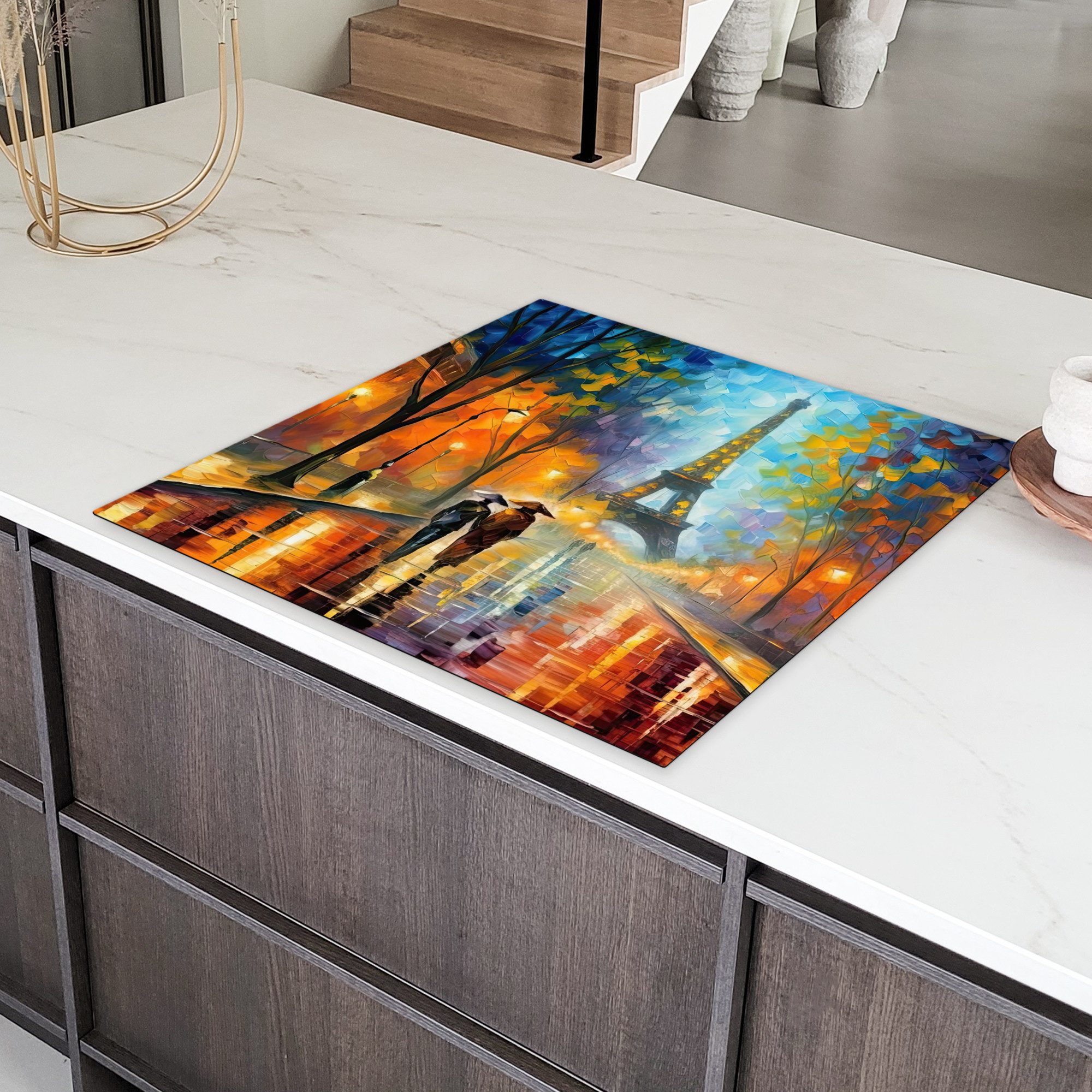 MuchoWow Herd-Abdeckplatte Paris - Eiffelturm - Kunst - Städte, Vinyl, (1 tlg), Küche Herdabdeckung Ceranfeld Induktionsfeld Vinyl, 60x60 cm