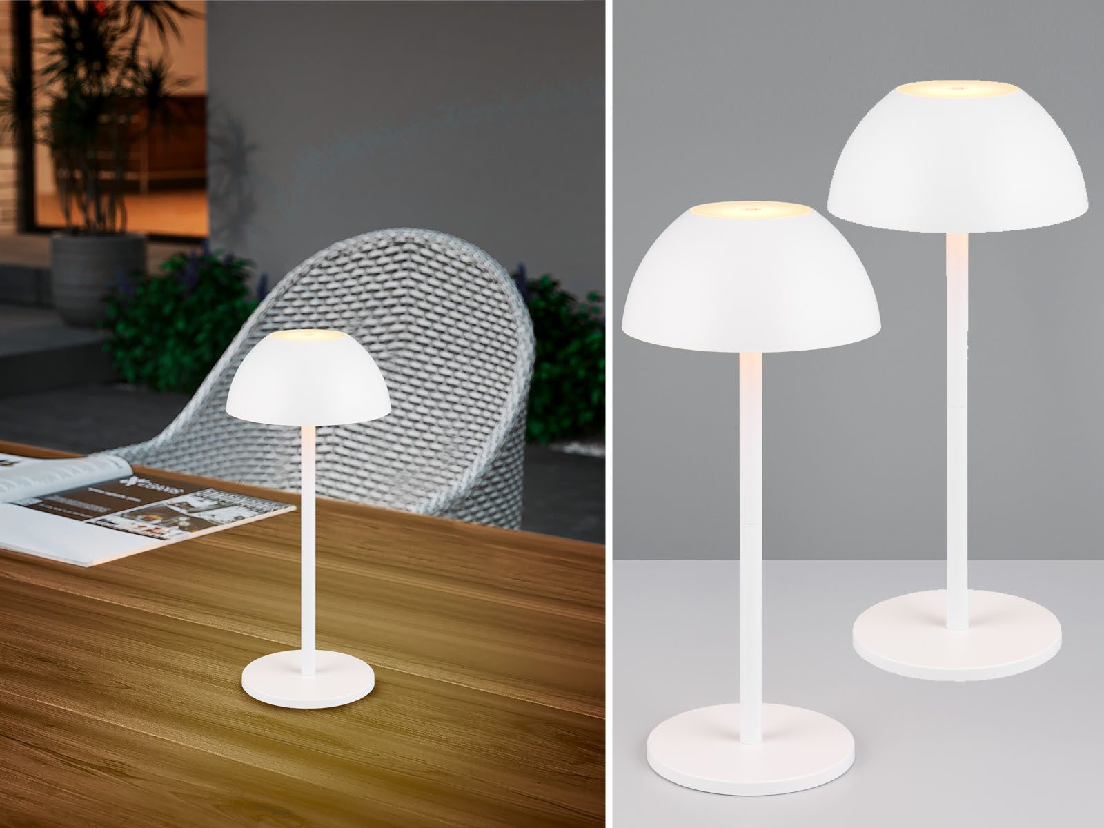 Reality Leuchten LED Außen-Tischleuchte, dimmbar, LED fest integriert, Warmweiß, 2er SET kabellos-e Akku Pilz-Lampen Outdoor, Weiß, 30cm klein