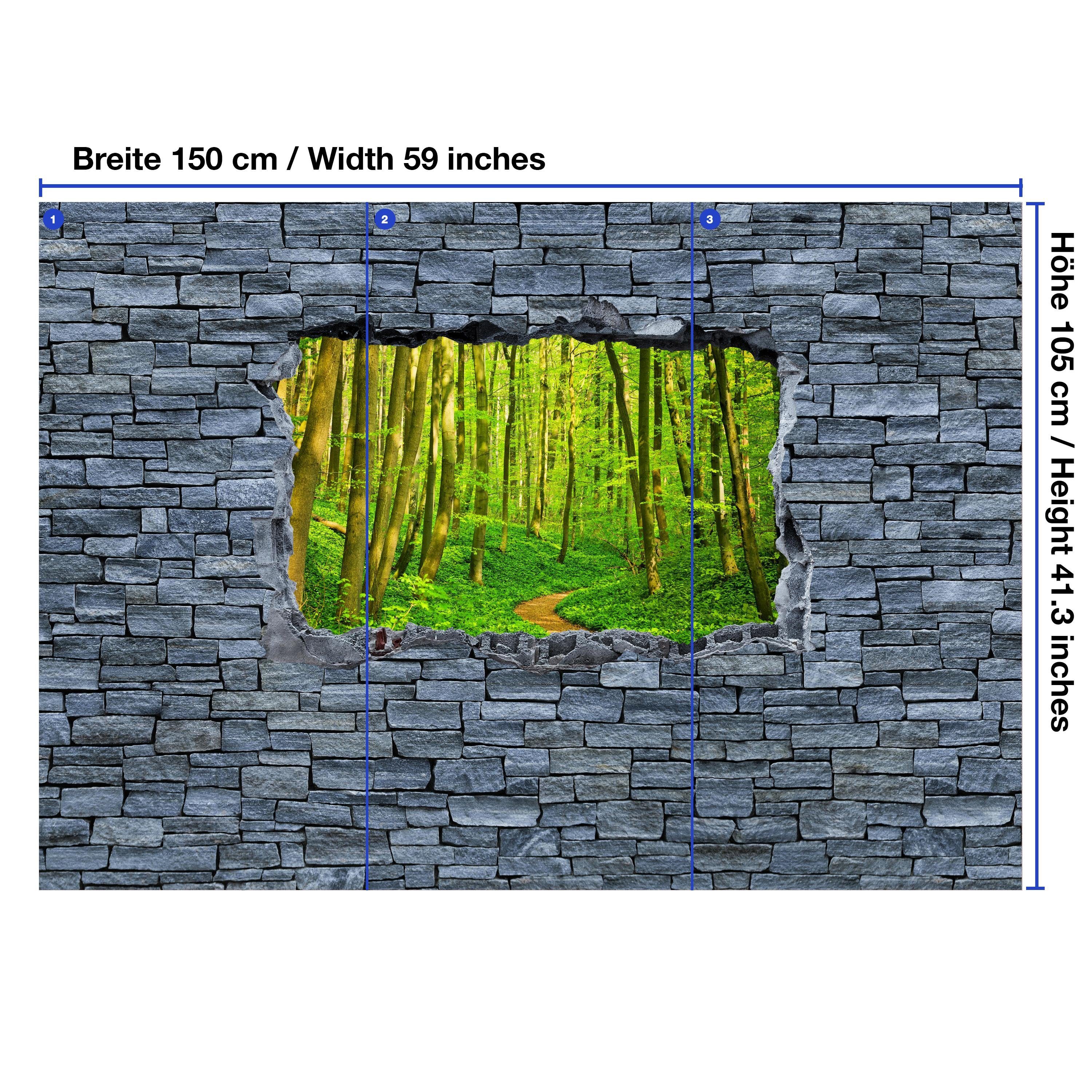 - grobe Steinmauer, Fototapete im wandmotiv24 matt, 3D Wald Motivtapete, glatt, Vliestapete Weg Wandtapete,