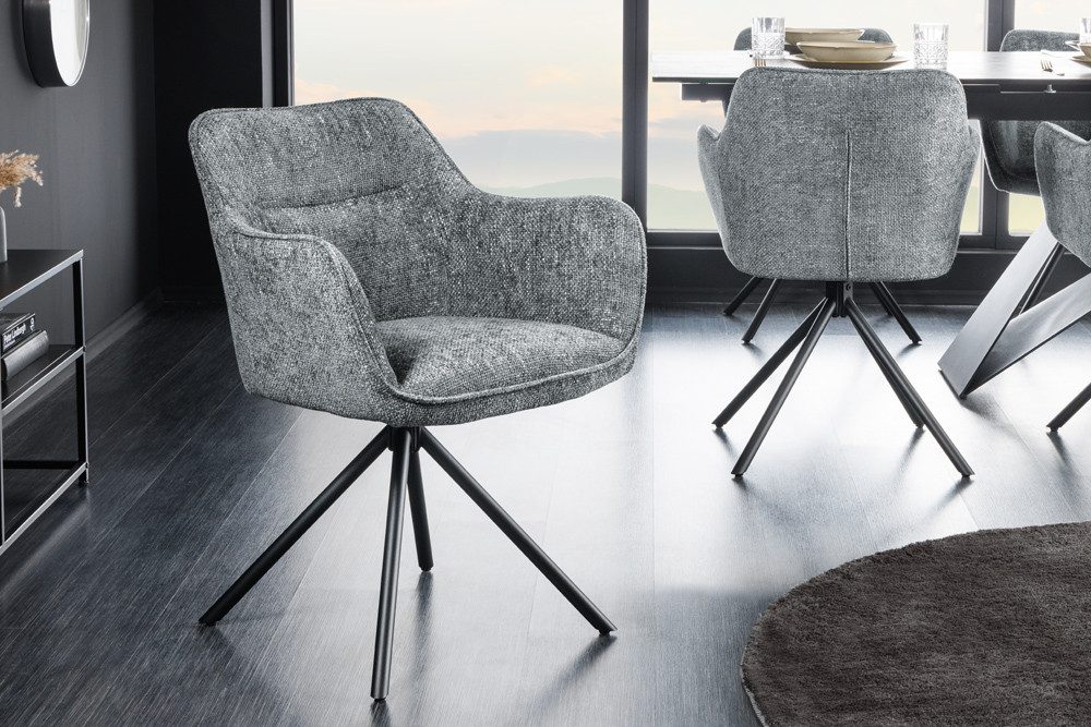 riess-ambiente Polsterstuhl VERONA grau – Strukturstoff, mit Armlehne, Metallgestell (Einzelartikel, 1 St), 180° drehbar mit Auto-Return-Funktion – ideal für Esszimmer oder Büro