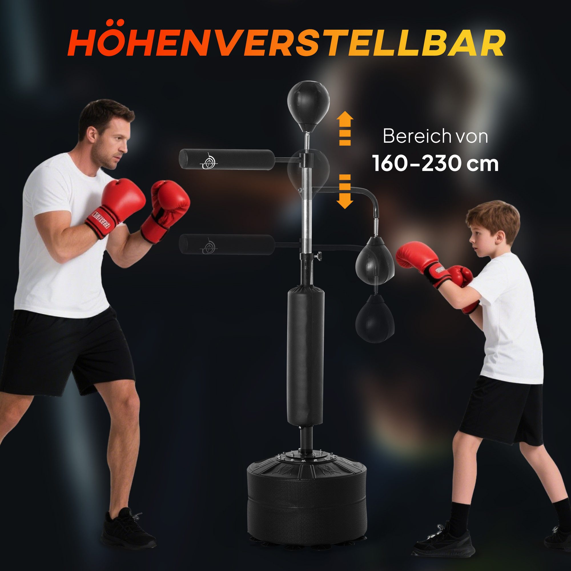 HOMCOM Standboxsack mit 2 Speedbällen Reflexstange Basis 160-230cm höhenverstellbar (Standbox-Trainer, 1-tlg., Boxstand), Geeignet für Erwachsene Jugendlichen Schwarz
