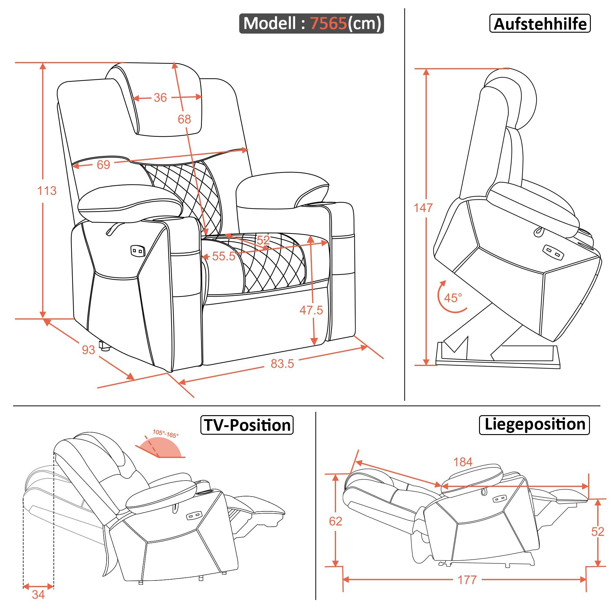MCombo Relaxsessel M MCombo elektrische Aufstehhilfe Relaxsessel 2 Motoren 7565, mit Relaxfunktion