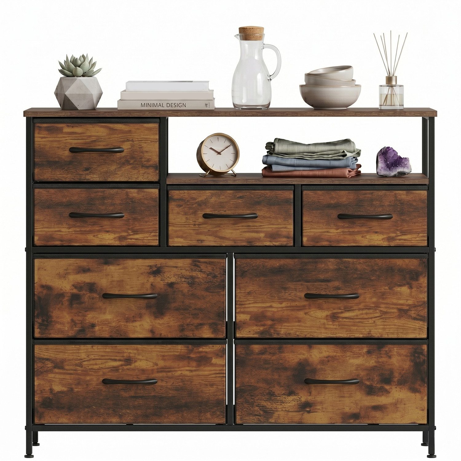 SURFOU Kommode mit 8 Stoffschubladen, Metallrahmen, Sideboard für Schlafzimmer (Aufbewahrungsschrank mit offener Ablage, Schubladenschrank moderner Stil, Schubladenschrank), für Schlafzimmer, Wohnzimmer, Kinderzimmer, Flur, Aufbewahrungsschrank