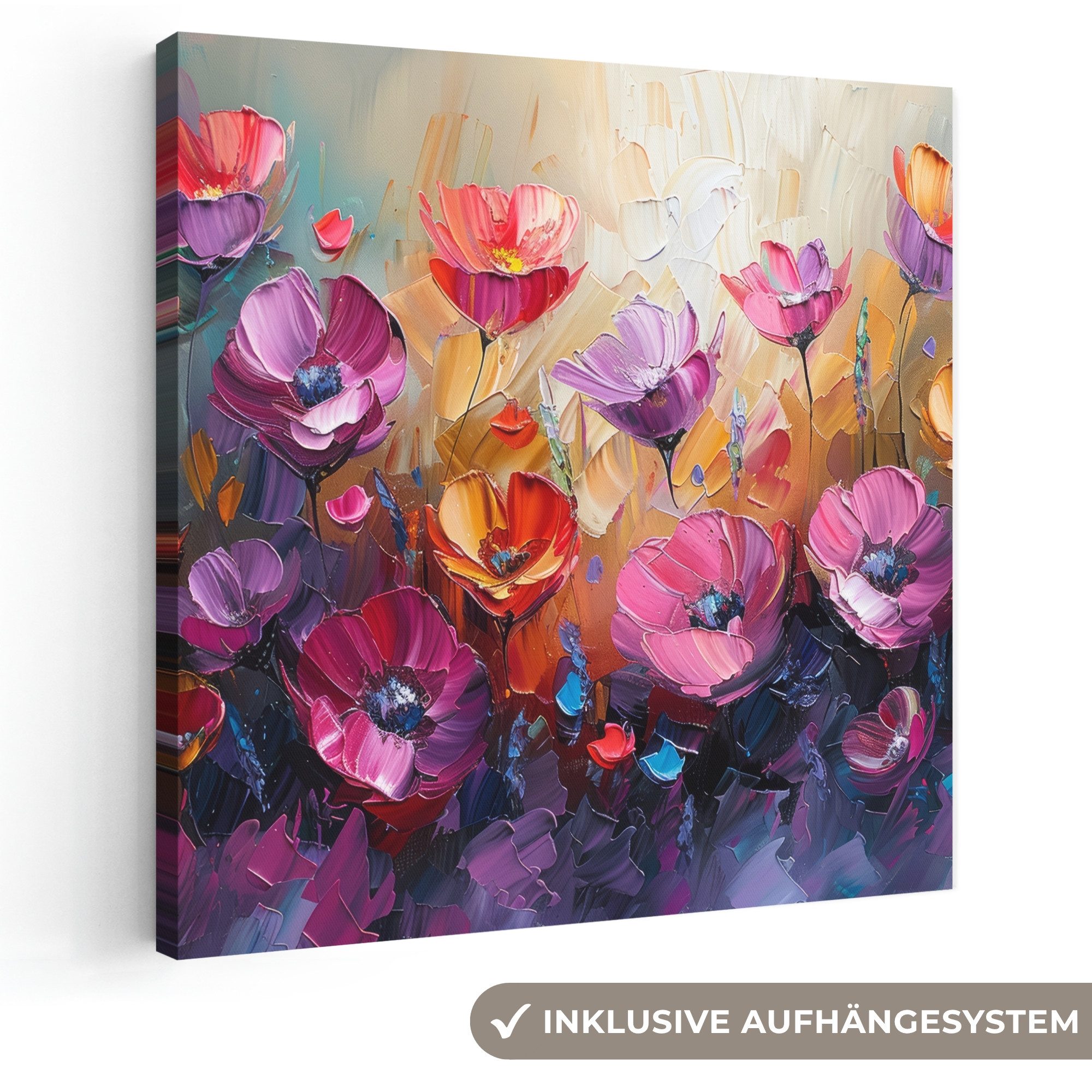 OneMillionCanvasses® Leinwandbild Blumen - Lila - Farbenfroh - Handbemalt - Kunst, Fotodruck (1 St), Wandbild, Deko Schlafzimmer Wohnzimmer Flur 20x20 cm