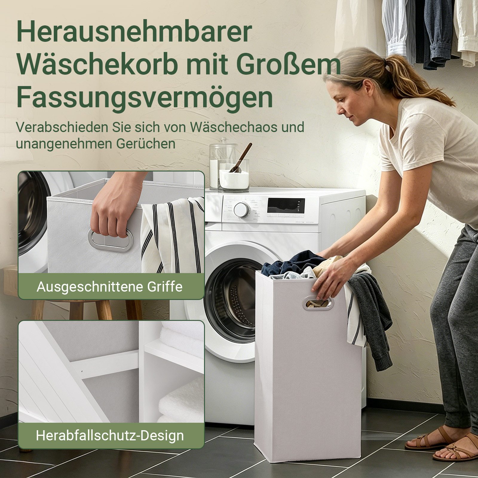 SoBuy Badkommode BZR104, Badezimmerschrank Badschrank Hoch Badregal Wäscheschrank, Aufbewahrungsschrank mit Wäschekorb, mit 6 Ablagen und 2 Schubladen