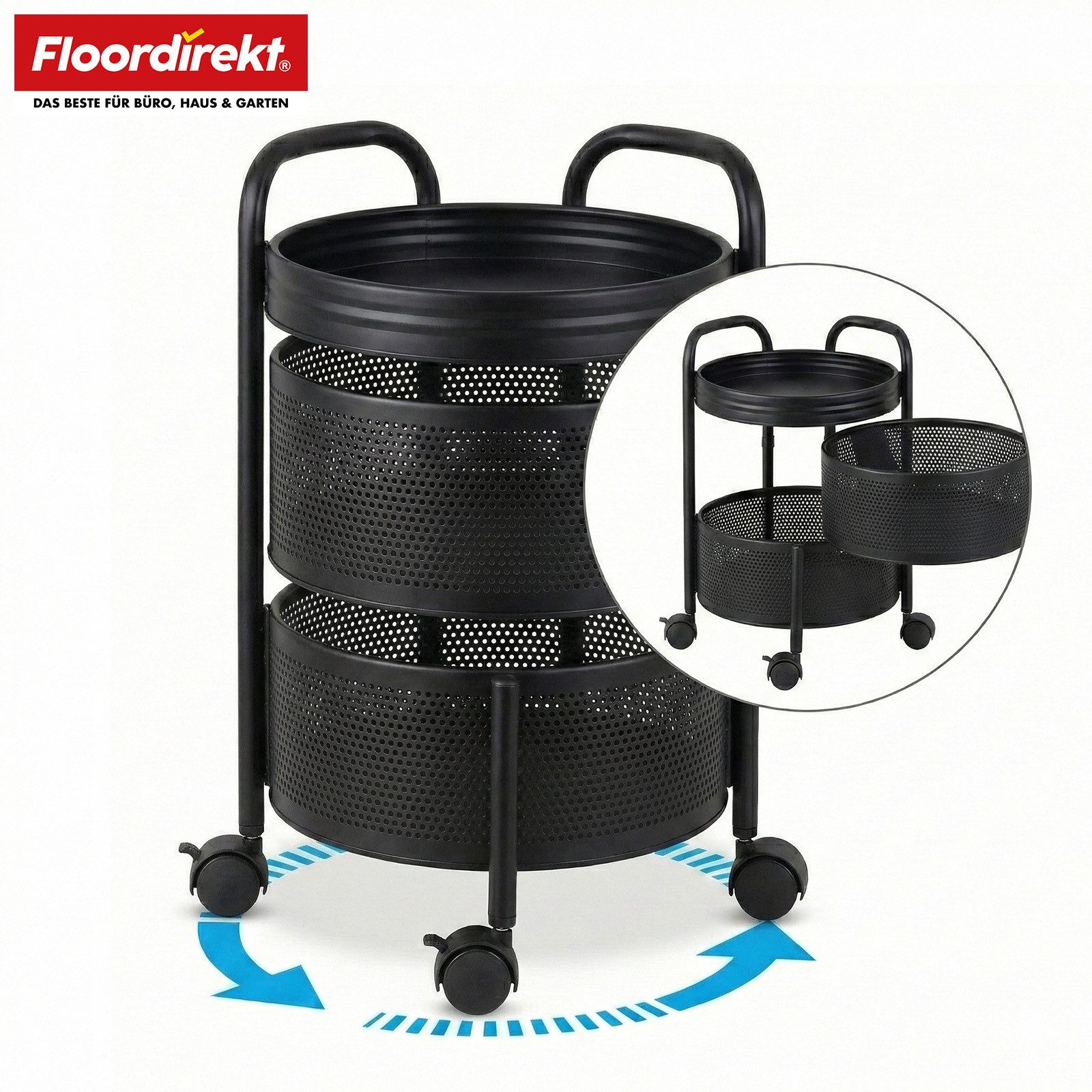 Floordirekt Rollwagen Henry rostfreier Stahl weiß & Schwarz, 3 oder 5 Etagen mit Körben, für Vorräte, Badutensilien oder Bürobedarf, Rollen mit Feststellbremse