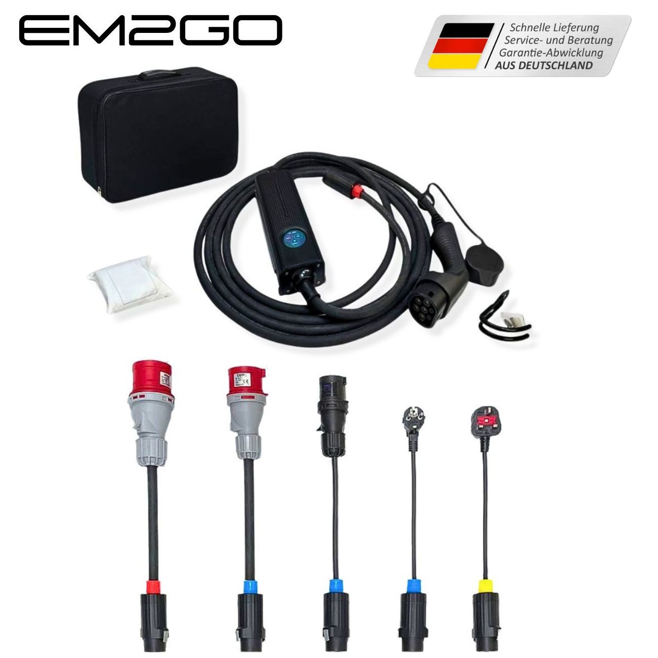 EM2GO Mobil, Mobile Elektroauto-Ladestation Mobile Wallbox mit 5 Adapter, Wandhalterung und Tasche
