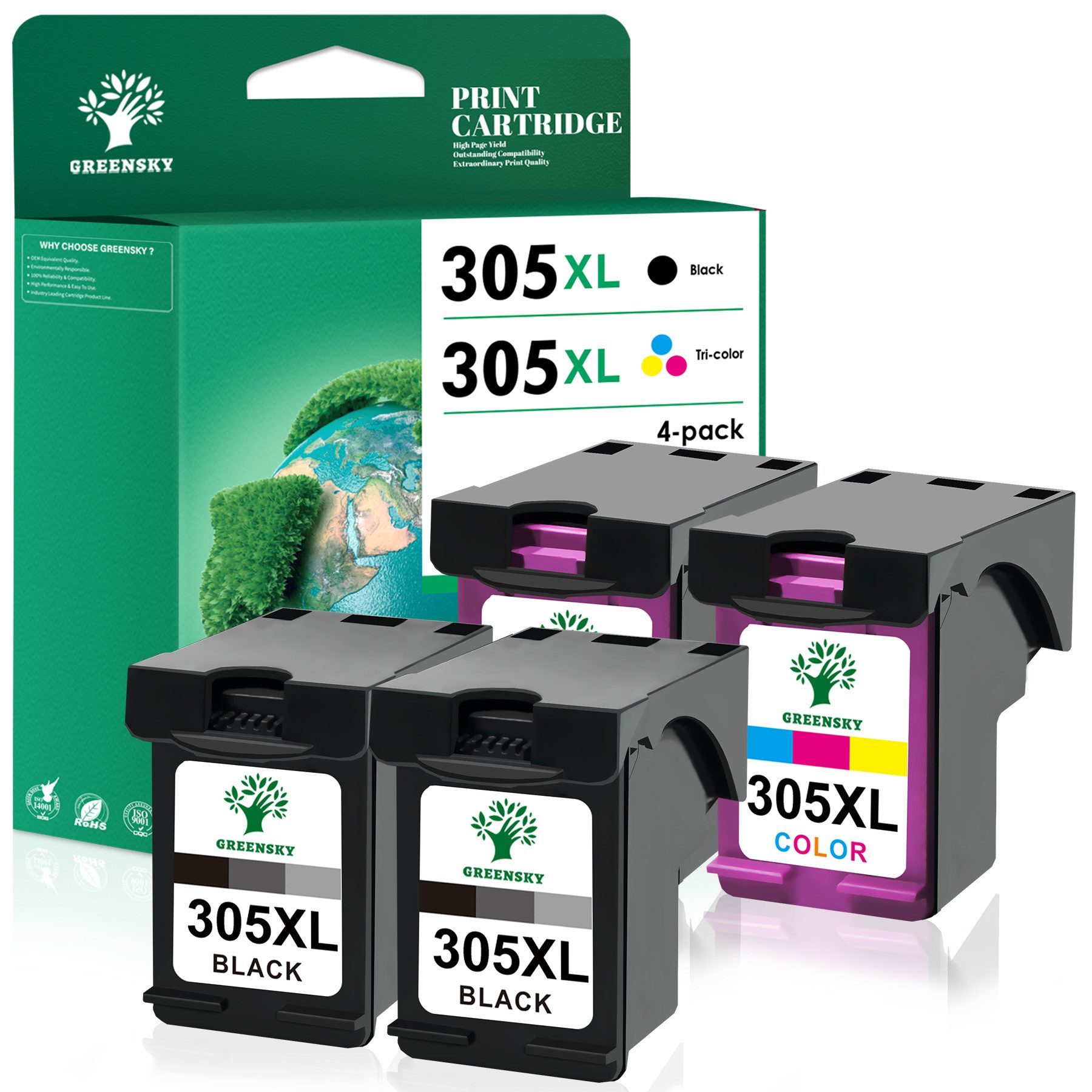 Greensky 4er-pack 305 Druckerpatronen Kompatibel für HP 305 XL Multipack Tintenpatrone (für HP ENVY 6000 6010 6015 6015 DeskJet 2710 2720 2721 Plus 4120, Envy Pro 6400 6420 6422 6430 6432)