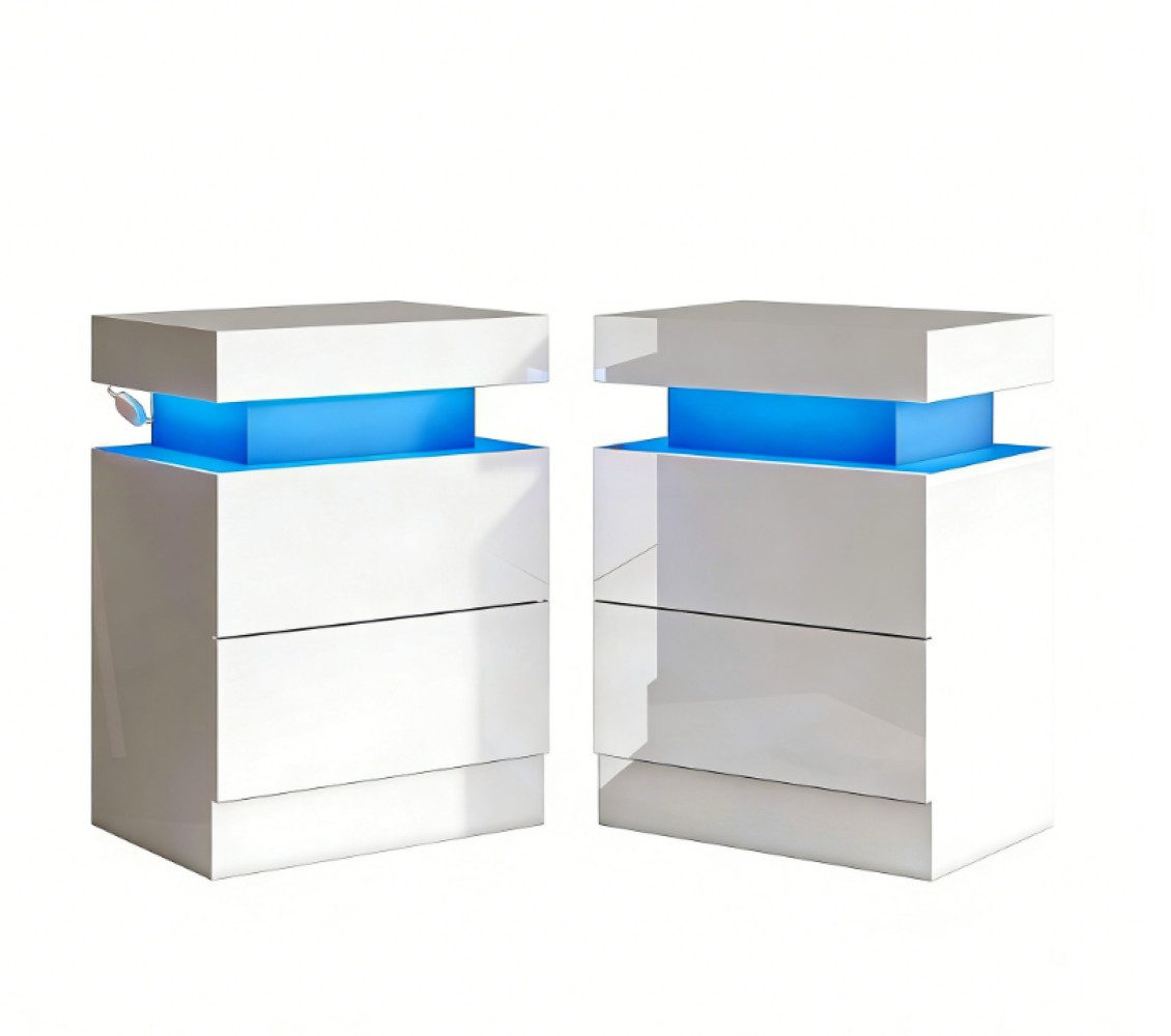AMERLIFE Nachttisch 2er-Set, Hochglanz Weiß, 58x40x35 cm, mit RGB-LED-Beleuchtung (2-St), 3-in-1-Ladestation, 2 Schubladen, moderner Beistelltisch