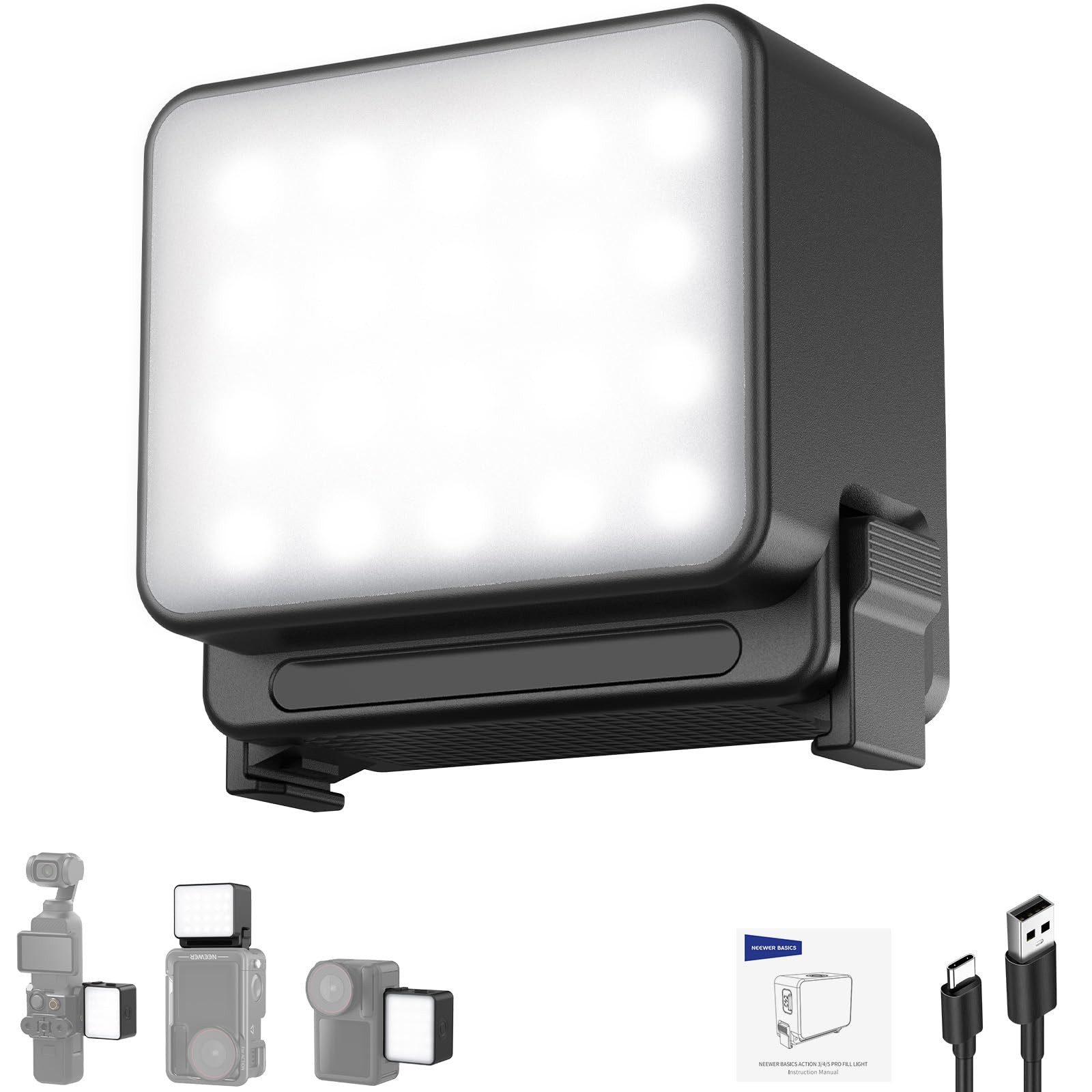 Neewer Videoleuchte M20 Magnetische LED Kamera Leuchte, IPX5 Wasserdicht, 500mAh Akku, 5600K, Mini Fülllichtaufsatz für DJI OSMO Nano Action 3 4 5 Zubehör