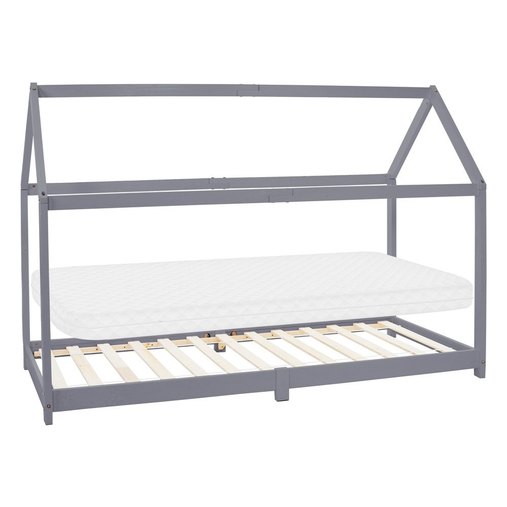 ML-DESIGN Spielbett Hausbett Kinderbett inkl. Lattenrost kreativ Bodenbett für Kinder, Abenteuerbett, Haus Bett Himmelbett Kiefer Jugendbett Hellgrau