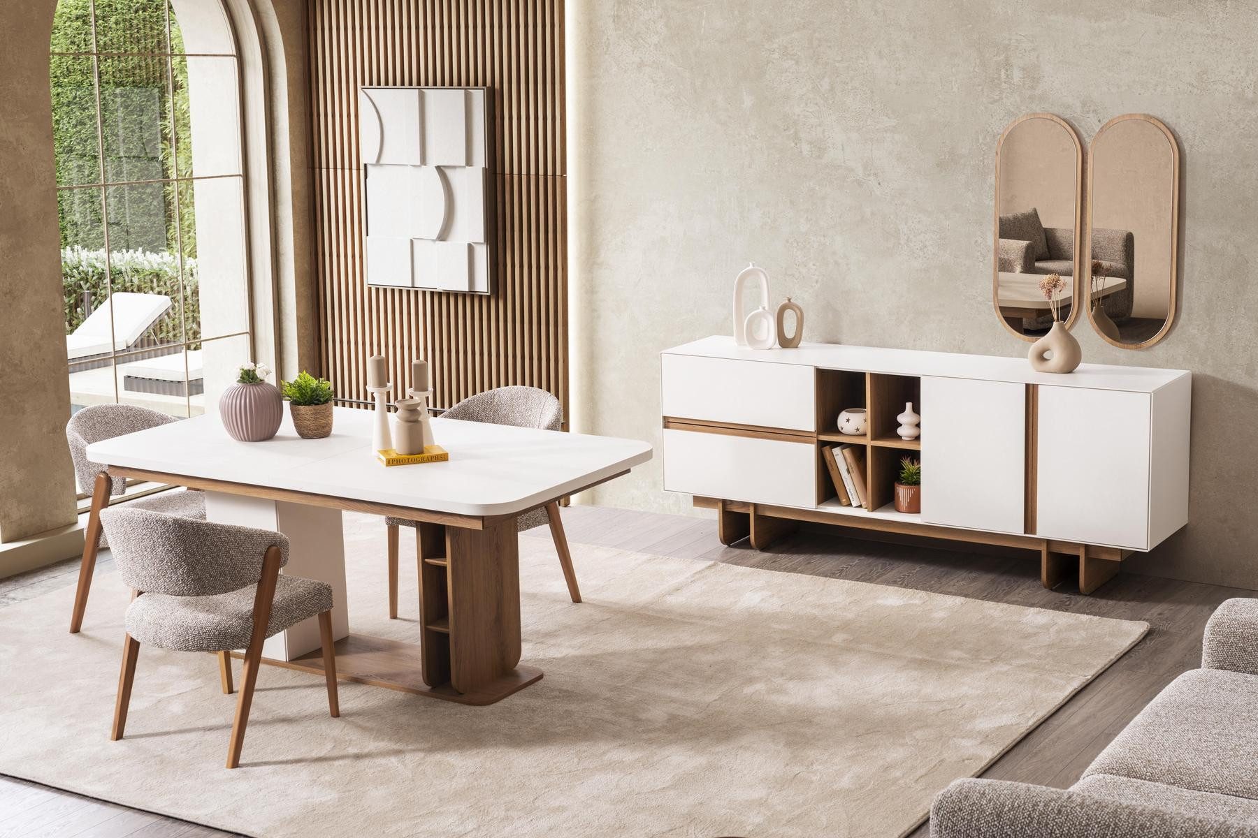 Esszimmer-Set Beiges Holz-Esszimmer-Set mit modernem Design und komfortablen Stühlen