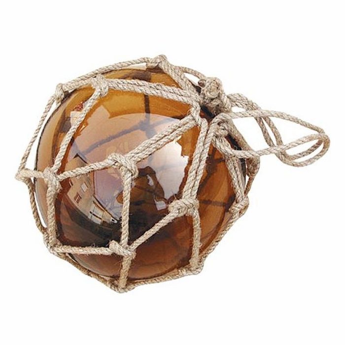 Linoows Dekoobjekt Fischernetz Kugel Fischerkugel aus Glas im Netz Amber 15 cm im Jutenetz eingewoben