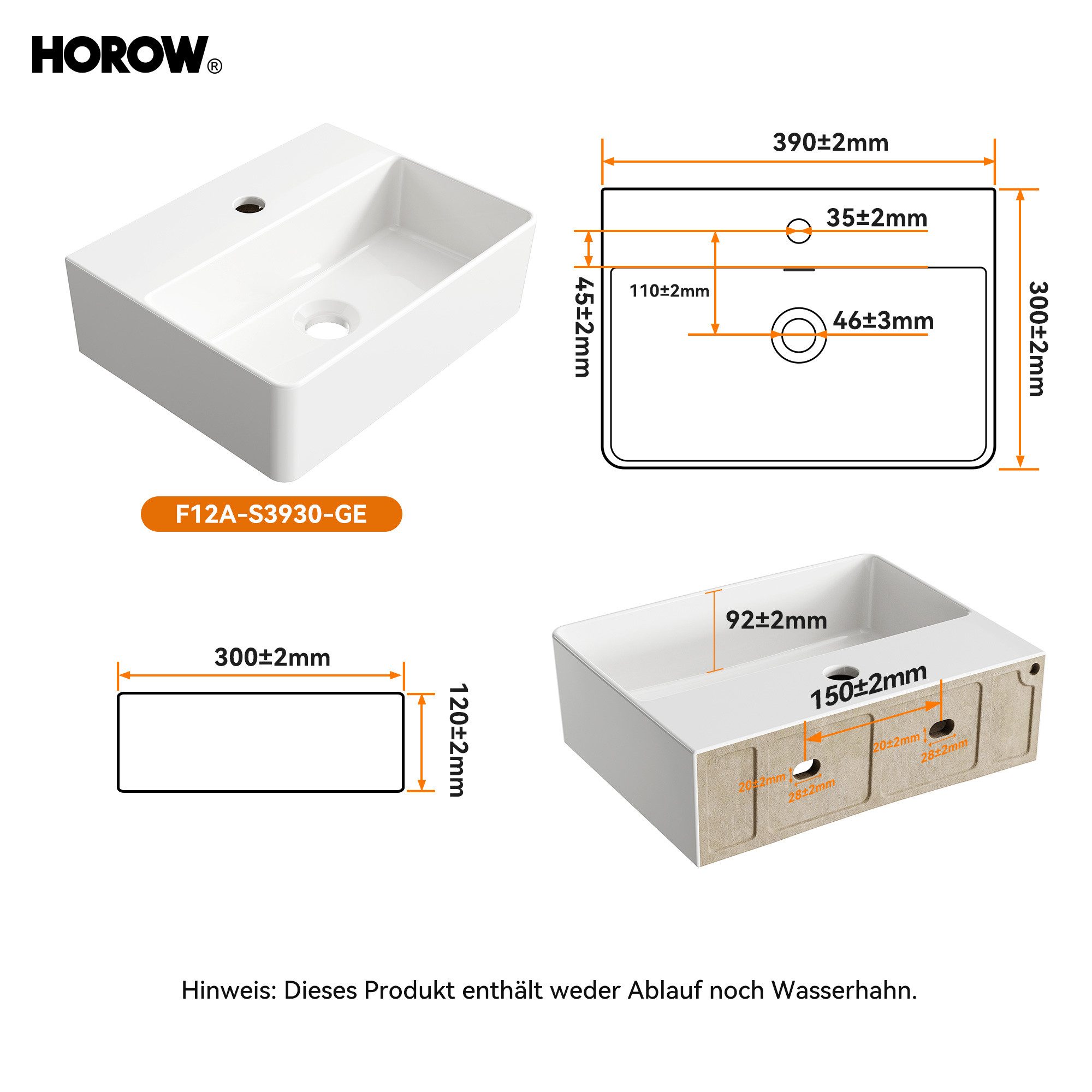 HOROW Waschbecken Keramik Aufsatzwaschbecken Hängewaschbecken 50cm 60cm 75cm (Badezimmer Waschtisch, mit Hahnloch und Überlauf - Weiß/Schwarz) – Bild 4 von 5