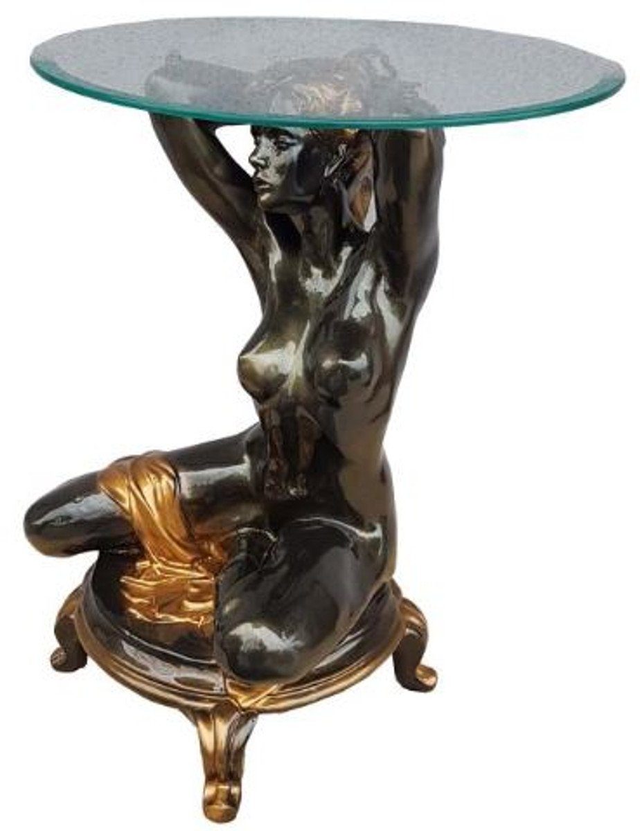 Casa Padrino Beistelltisch Jugendstil Beistelltisch kniende Frau Schwarz / Gold Ø 45 x H. 63,5 cm - Eleganter Tisch mit runder Glasplatte - Möbel