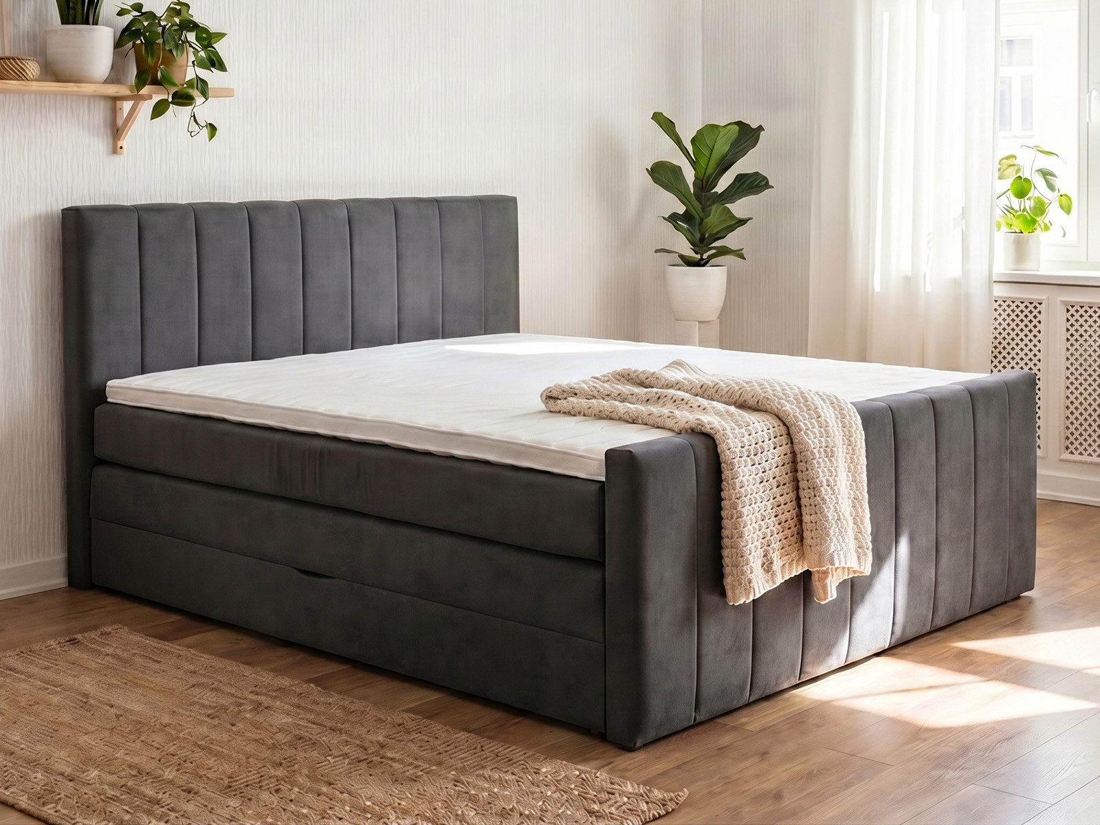 PAARA Boxspringbett mit Bettkasten und Matratze mit integrierten Topper - Modell Cali K, mit innovativem Belüftungssystem