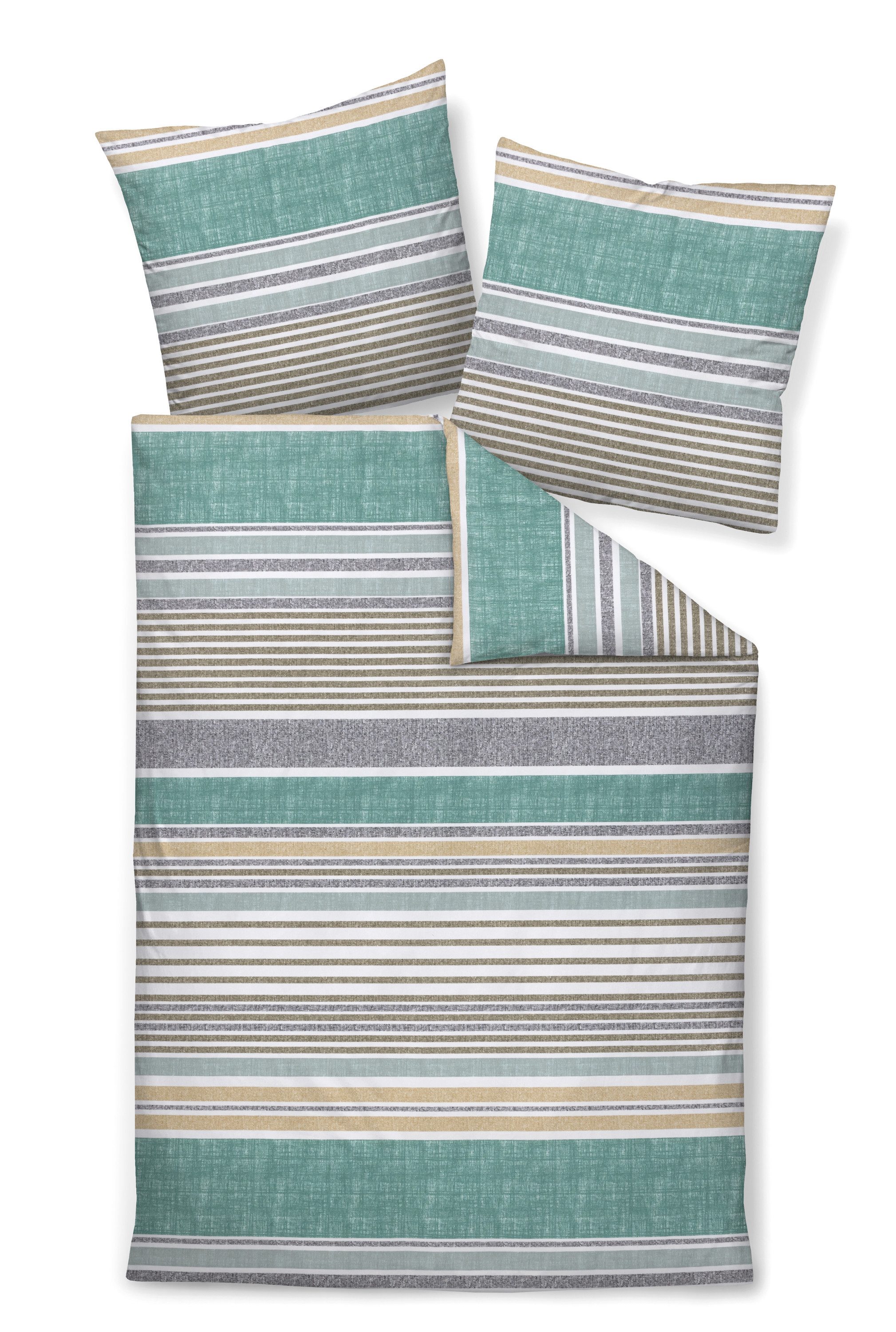 Janine Bettwäsche Edel Baumwolle, Flanell, 2 teilig, gestreift, grün, weiß, günstig online kaufen