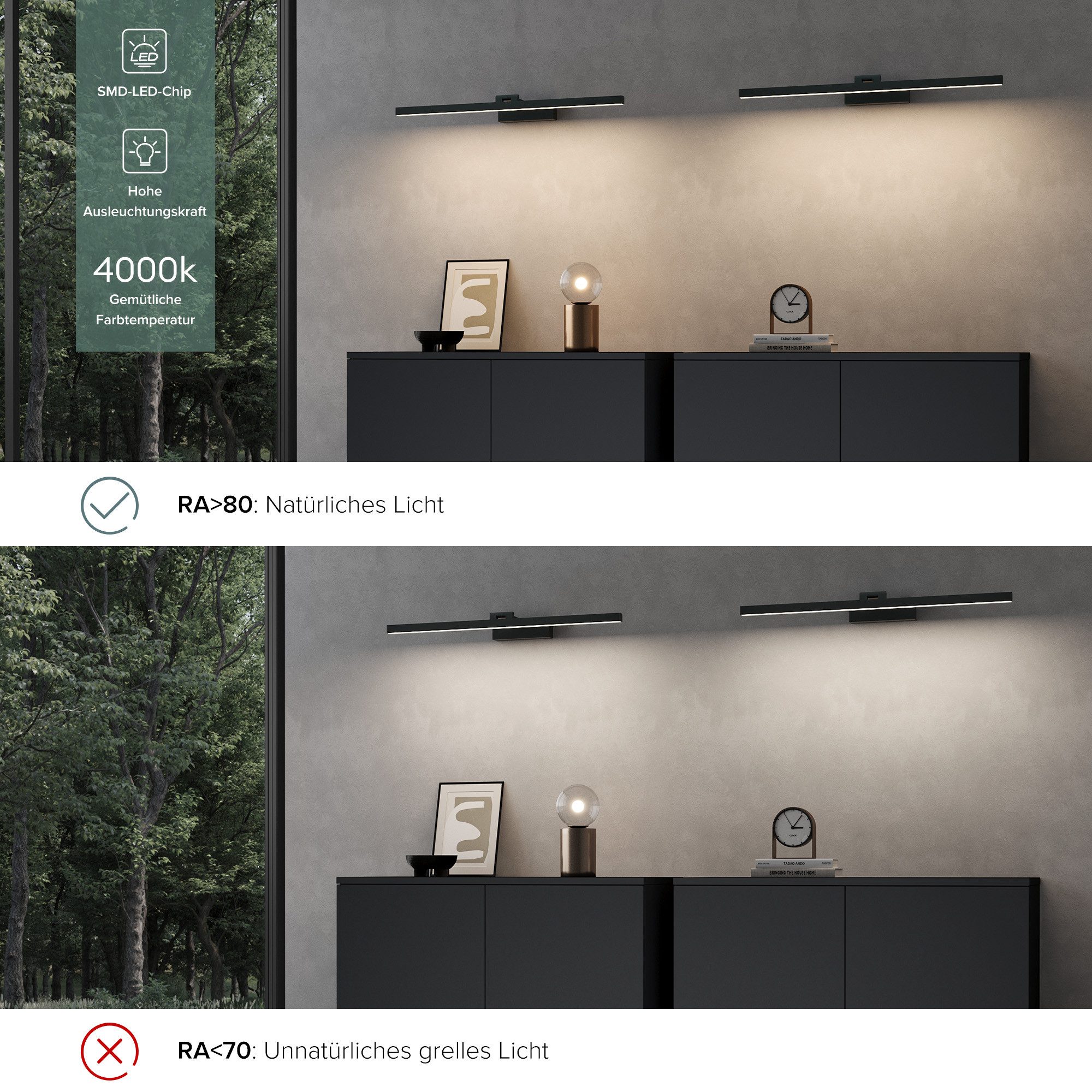 doporro LED Spiegelleuchte Wandleuchte LED-Spiegellampe 40/60cm 9W/14W RA≥80 Strahlenschön, 180° drehbar, E27-Sockel, wasserfest – Bild 4 von 5