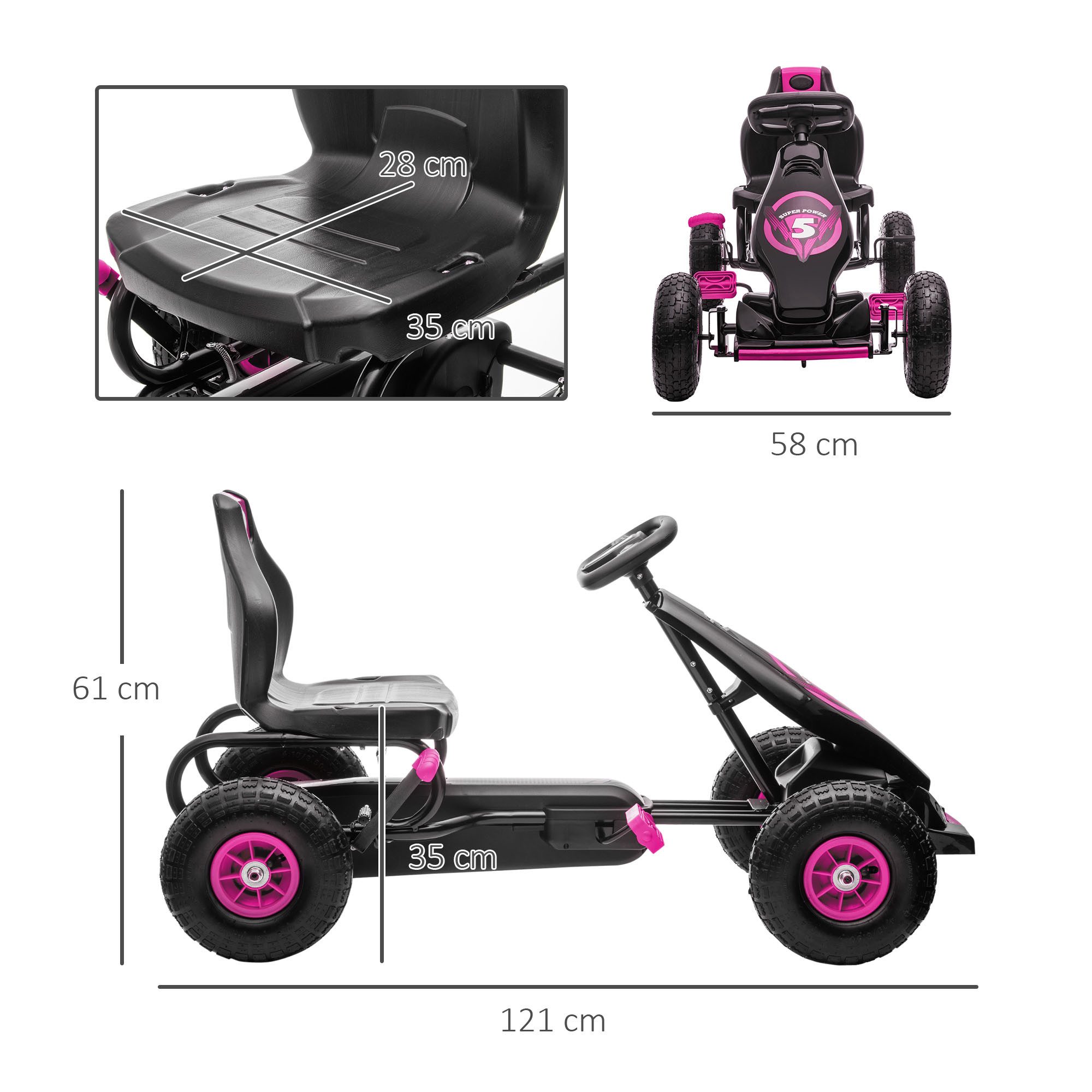 HOMCOM Go-Kart Kinderfahrzeug, Tretfahrzeug, Pedal und Handbremse, Outdoor, für Garten, Balkon, Rosa+Schwarz