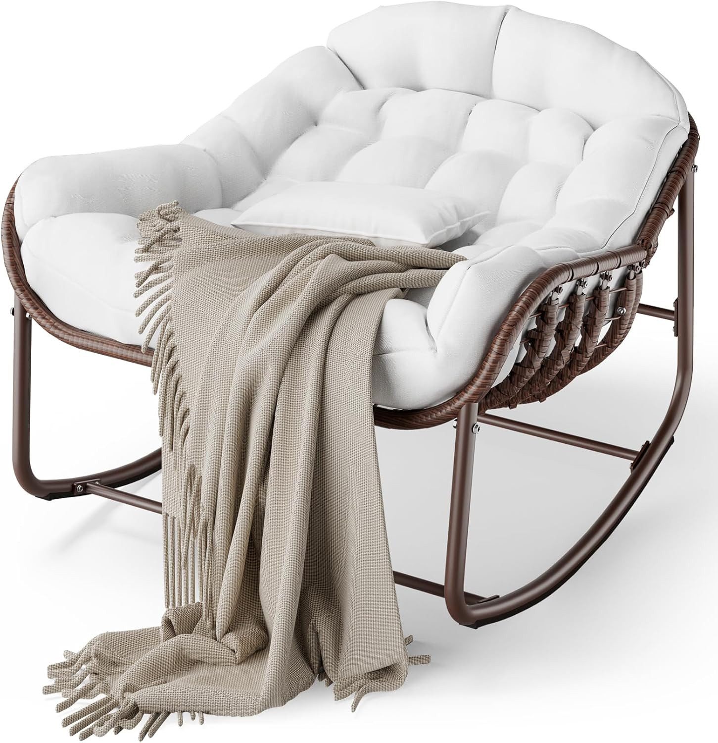GarveeMore Schaukelstuhl mit Gepolstertem Kissen,Ei-Schaukelstuhl für Wohnzimmer,Garten, Outdoor Patio Überdimensionierter Papasan-Schaukelstuhl,Pflegeleicht