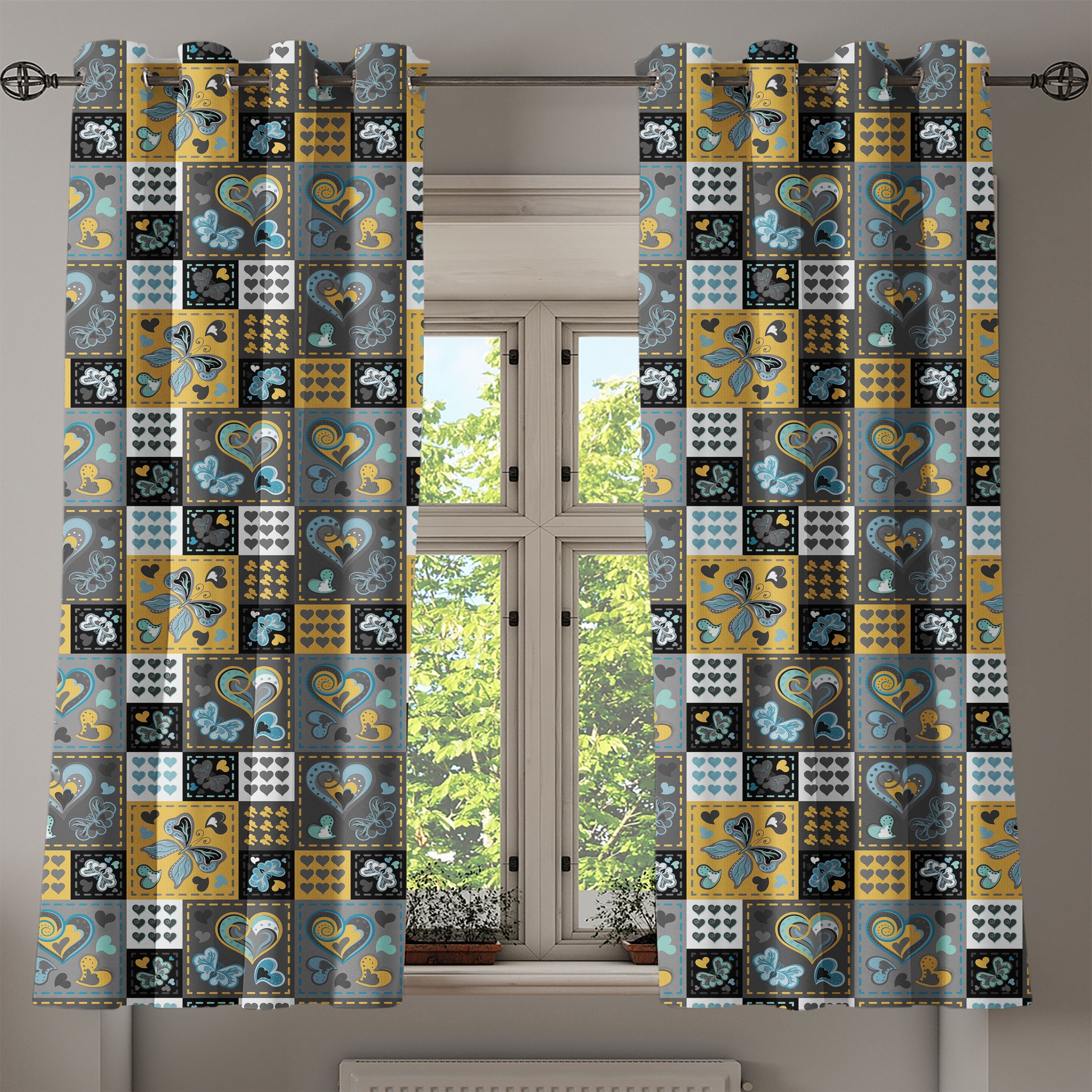 Gardine Dekorative 2-Panel-Fenstervorhänge für Schlafzimmer Abakuhaus, Schmetterling Schmetterlings-Herz Retro Wohnzimmer