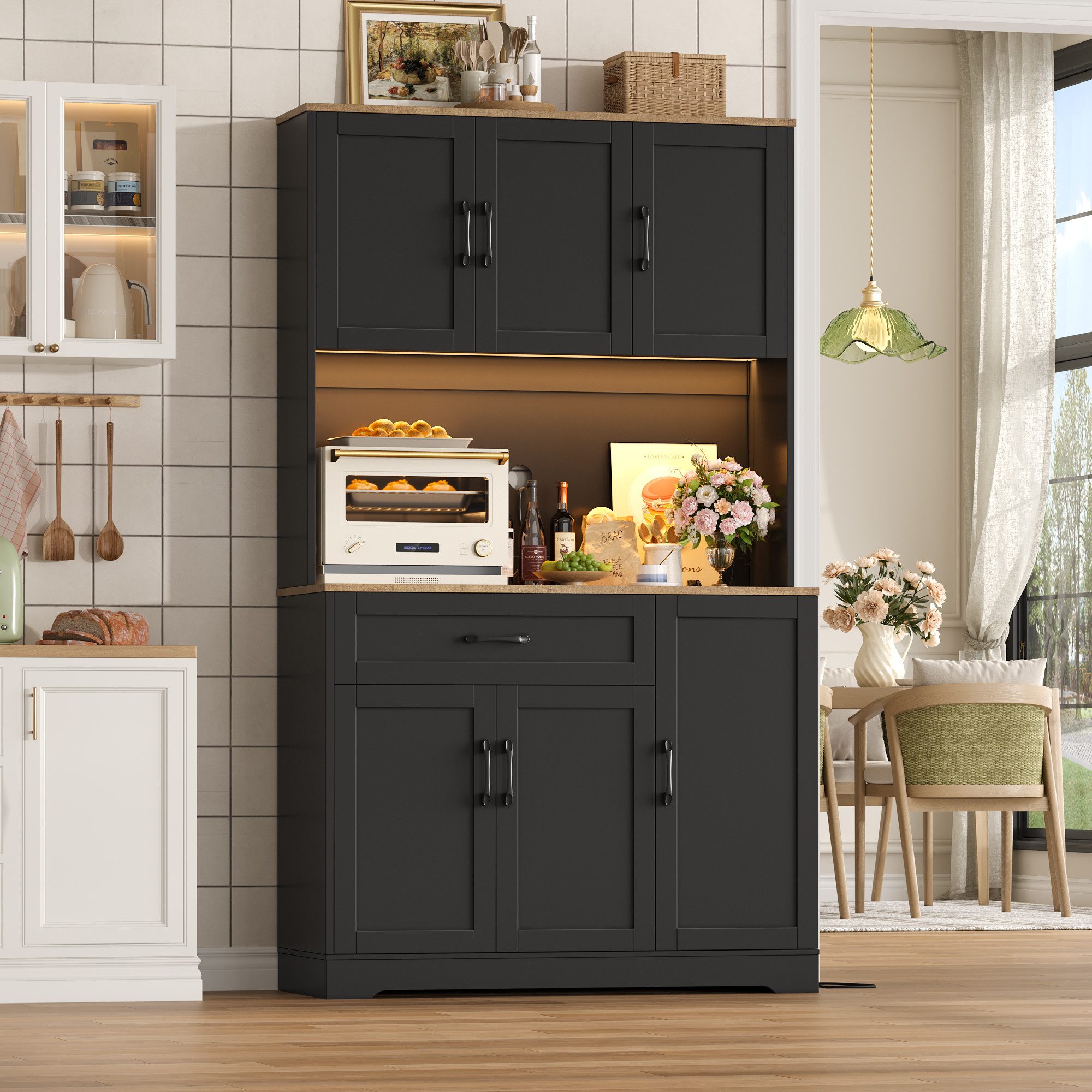 Homfa Küchenbuffet Küchenbuffet mit LED Küchenschrank Buffetschrank Sideboard weiß mit Steckdosenleiste & Arbeitsplatte 180,5x100x38,6cm