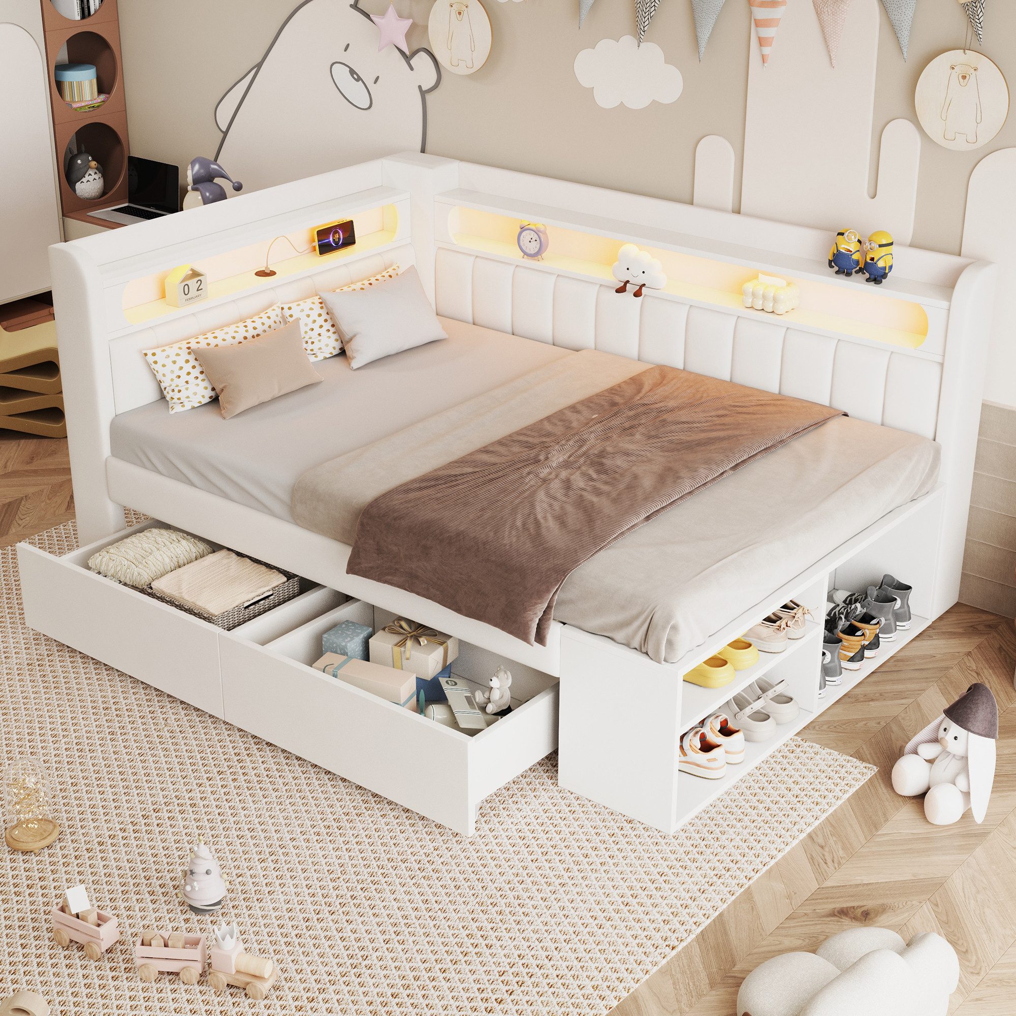 Flieks Daybett, Kinderbett 90x200cm mit Schuhschrank, 2 Schubladen, USB & LED
