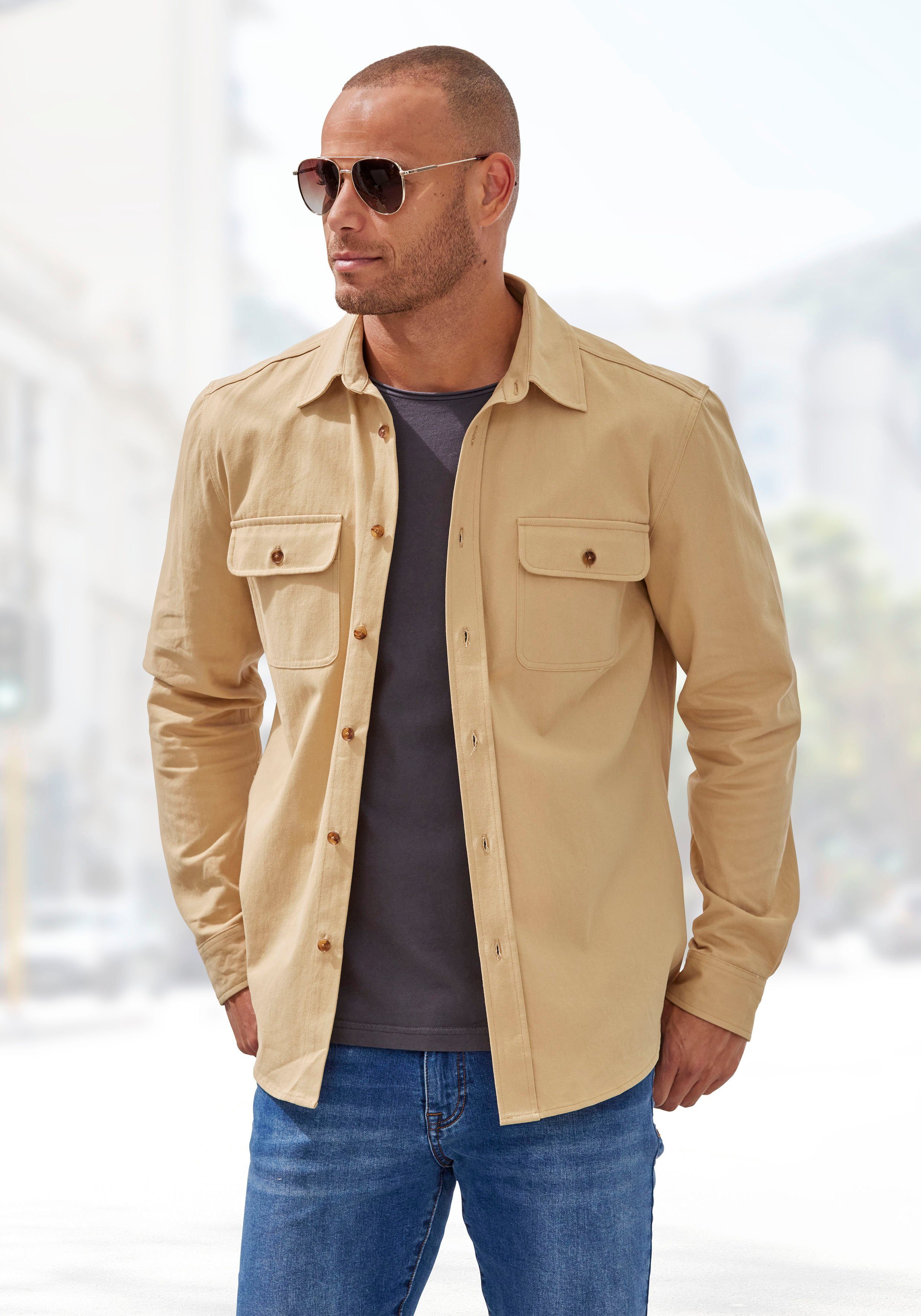 John Devin Langarmhemd, cooles Overshirt aus reiner Baumwolle, mit aufgesetzten Taschen