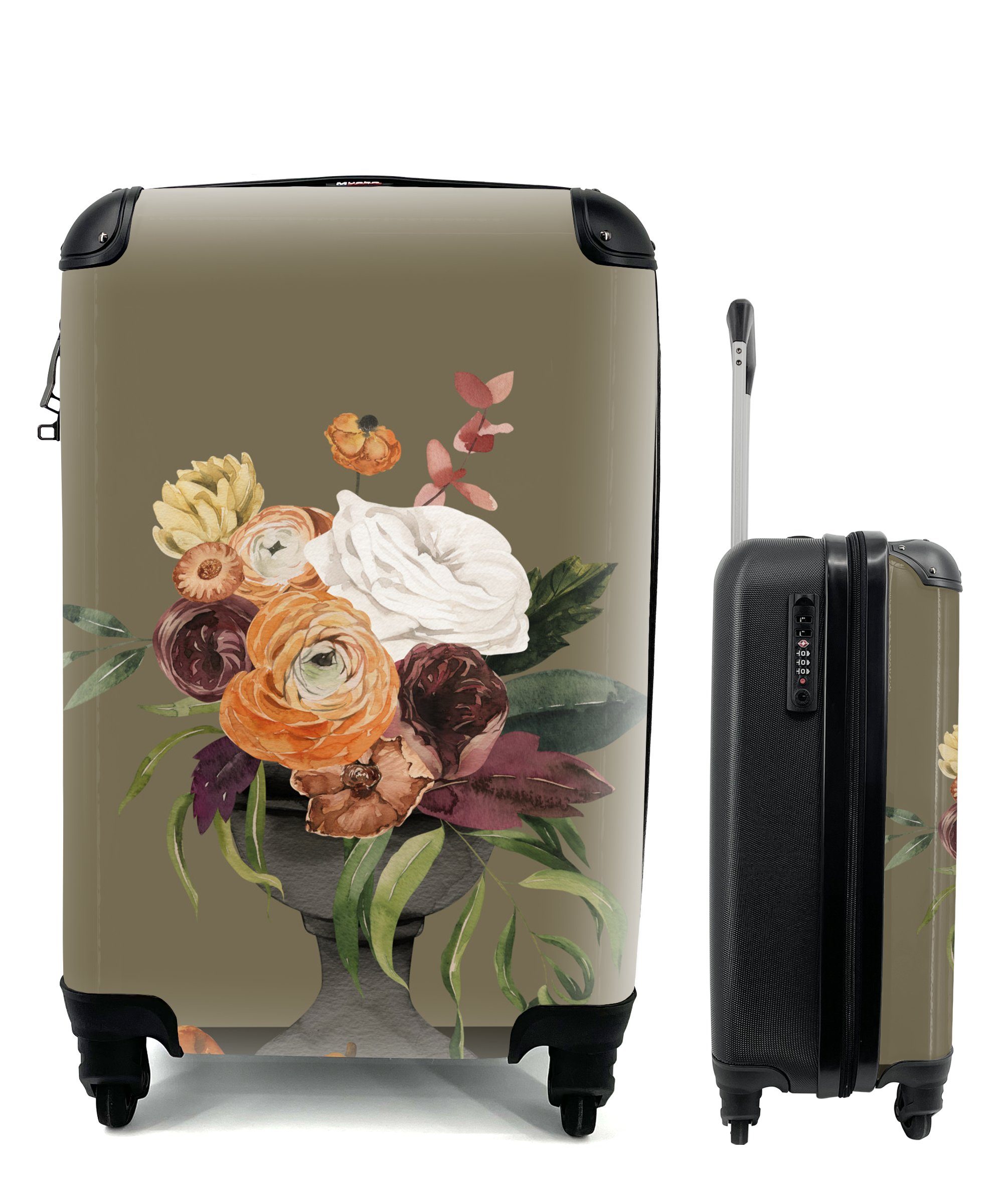 - Blumen - Trolley, 4 rollen, mit MuchoWow Ferien, Reisekoffer Handgepäck Reisetasche für Handgepäckkoffer Rollen, Aquarell Stilleben,
