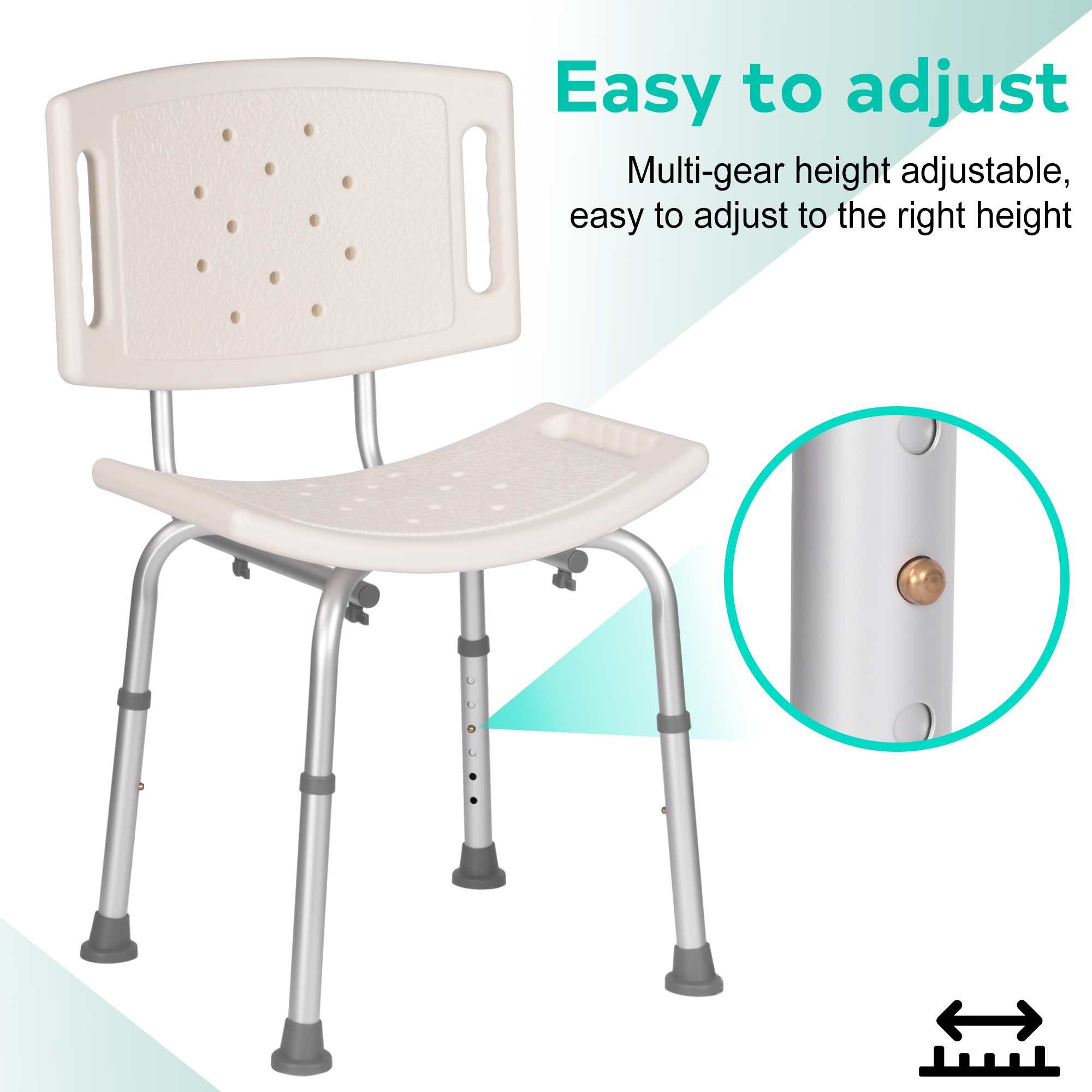 BBG Duschstuhl Duschhocker mit Rückenlehne, höhenverstellbare Beine, rutschfeste Füße, wasserfest, belüftet, bis 136 kg belastbar, einfach montierbar