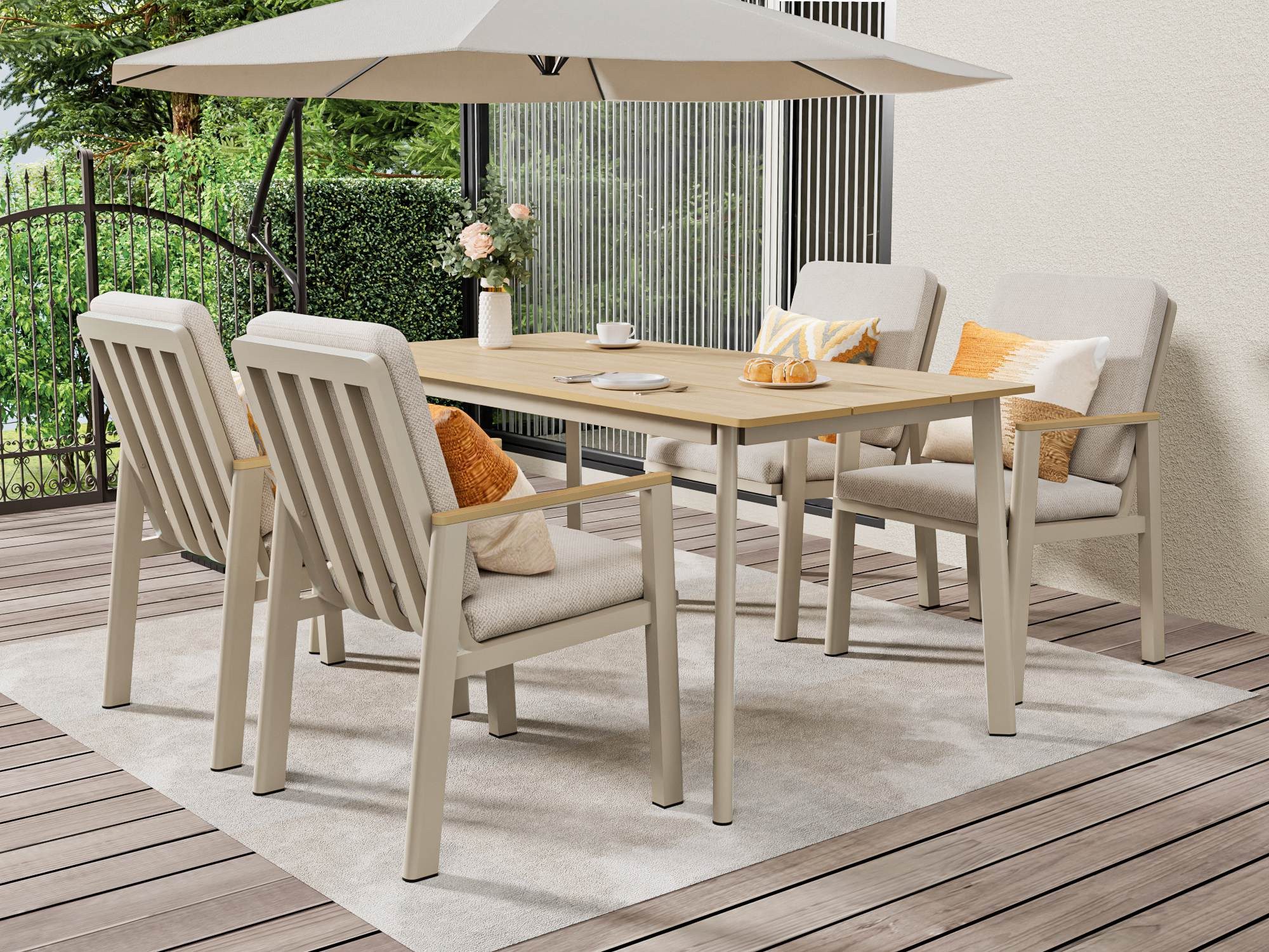 MeXo Gartenlounge-Set Garten Essgruppe für 4 Personen, (Gartenmöbel Set aus Aluminium, 5-tlg., mit PS-Tisch & bequemen Sesseln inkl. Kissen), Ideal für Garten, Terrasse & Balkon