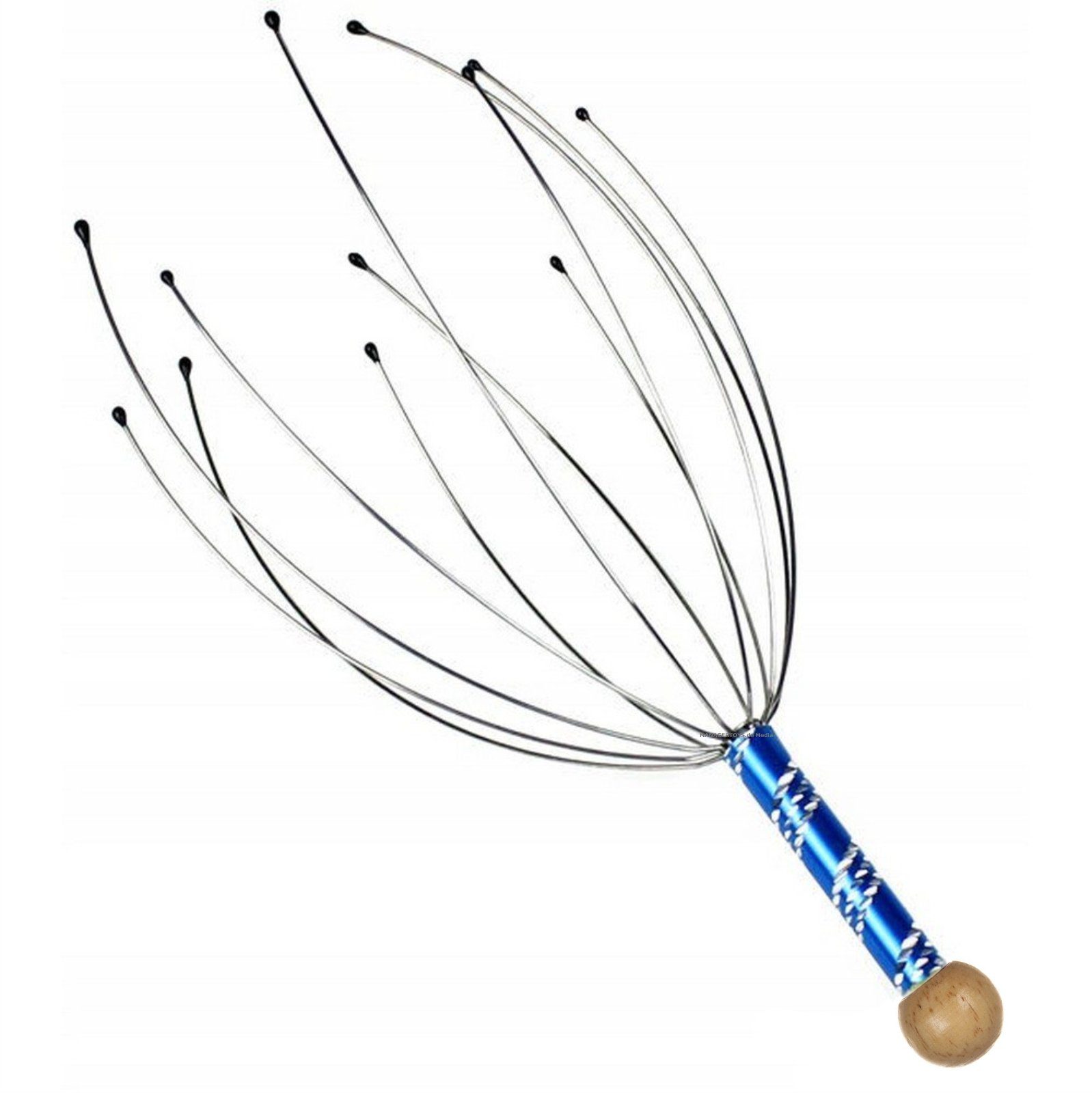 TROPPA Massagegerät Relax Metall Kopfmassage Kopfkrauler Spinne Holzknauf blauer Griff