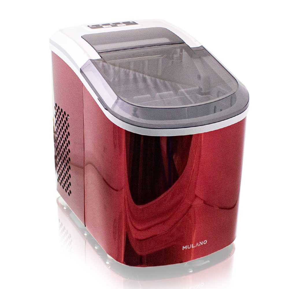 Mulano Elektrischer Eiswürfelbereiter Design Edelstahl Rot, mit transparentem Deckel MS-17106