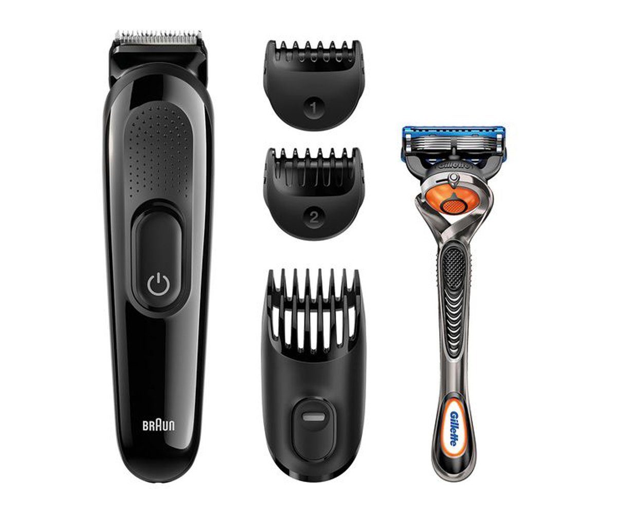 Braun Bartschneider Braun Barttrimmer Trimmer SK3000 Gillette Fusion 5 ProGlide Rasierer, selbstschneidende Edelstahl-Klingen, Kabellos, Aufsätze abwaschbar