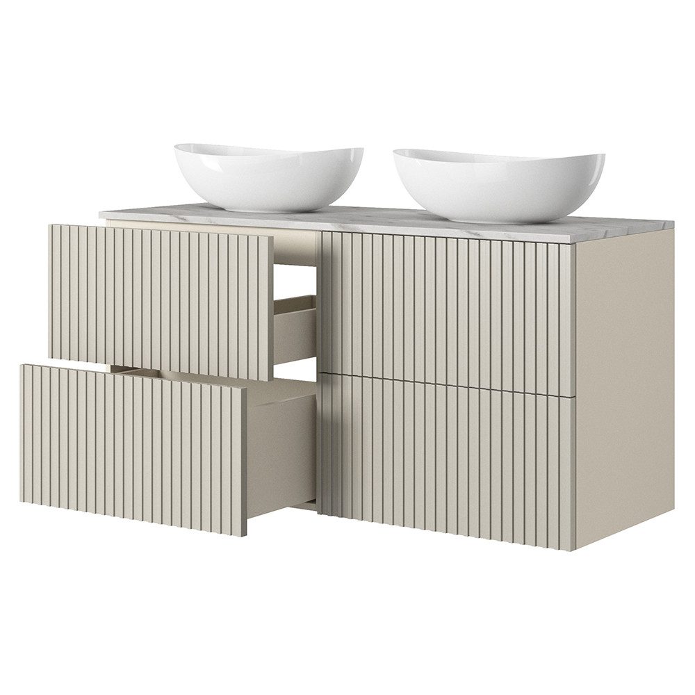 Lomadox Doppelwaschtisch NAVASOTA-141, 120 cm breit in kaschmir, marmorierte Platte, gerillte Front