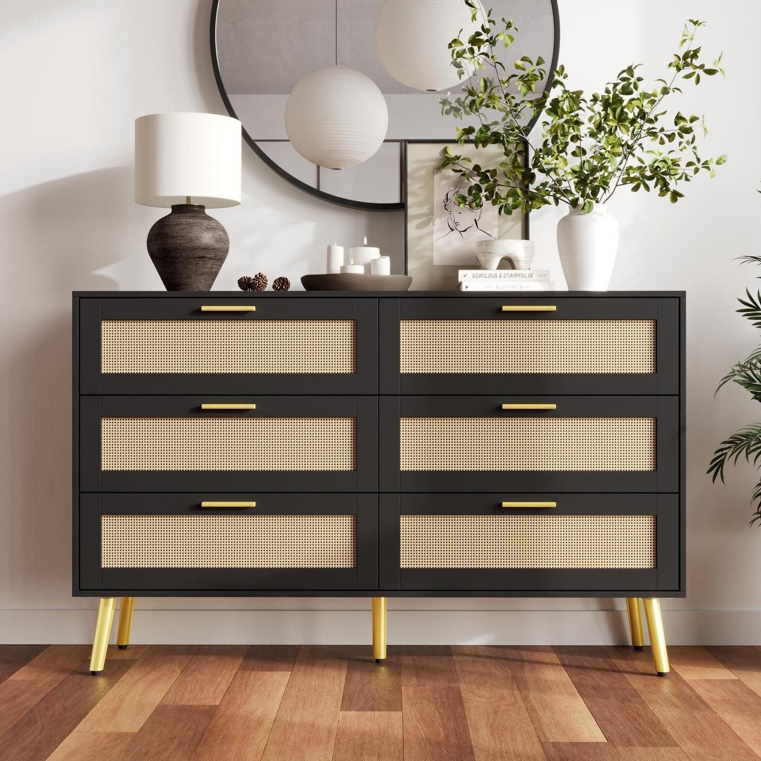 LuxusKollektion Anrichte Kommode Rattan 6 Schubladen schwarz mit goldenen Griffen 120 cm