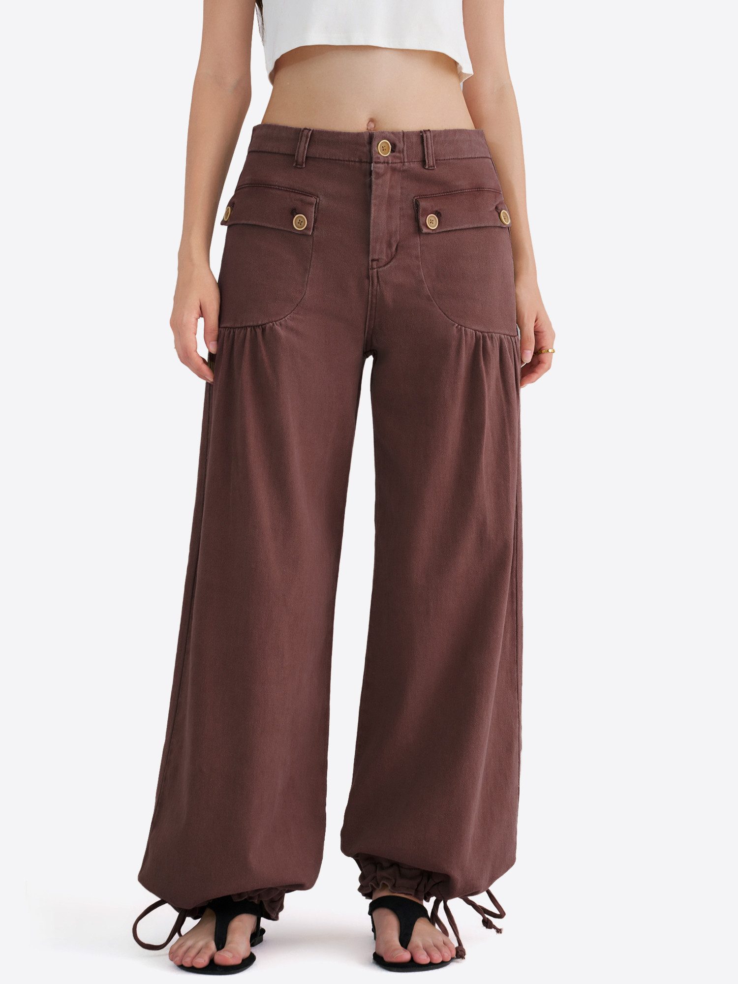 Imily Bela Palazzohose Damen Weitbein Freizeithose mit Raffungen und verstellbarem Saum (Packung, 1-tlg., 1per-Pack) mit Taschen