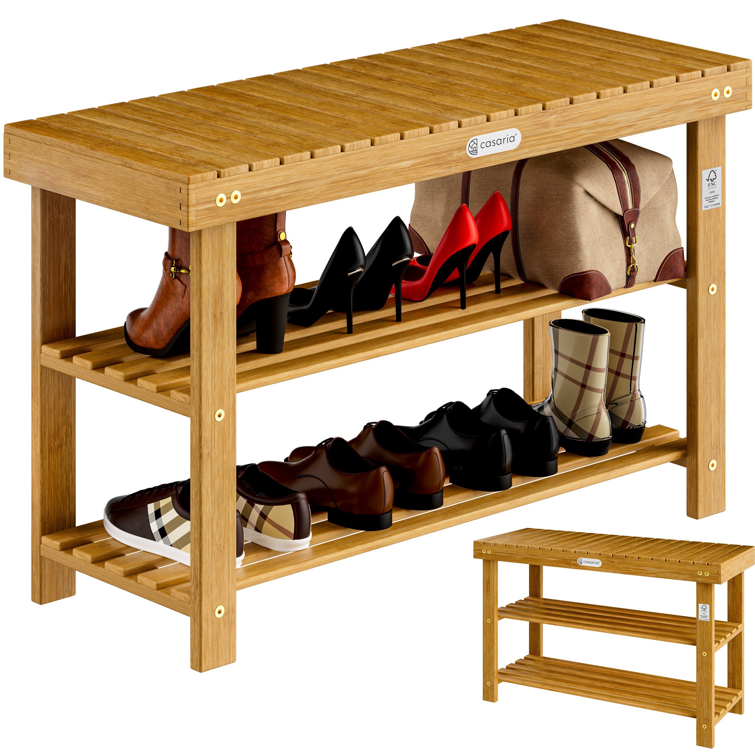 Casaria Schuhbank (1-St), mit Sitzfläche 90x46x33cm 160kg Belastbarkeit 3 Ebenen Akazie Holz