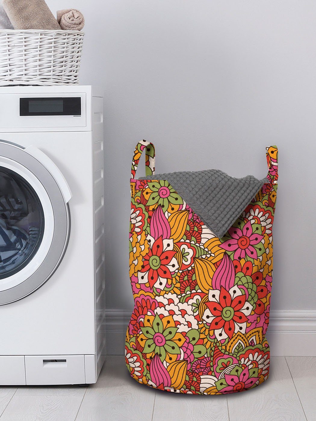 Kordelzugverschluss Floral Wäschekorb Leuchtende Griffen Abakuhaus Bunt Kunst Wäschesäckchen Waschsalons, mit für