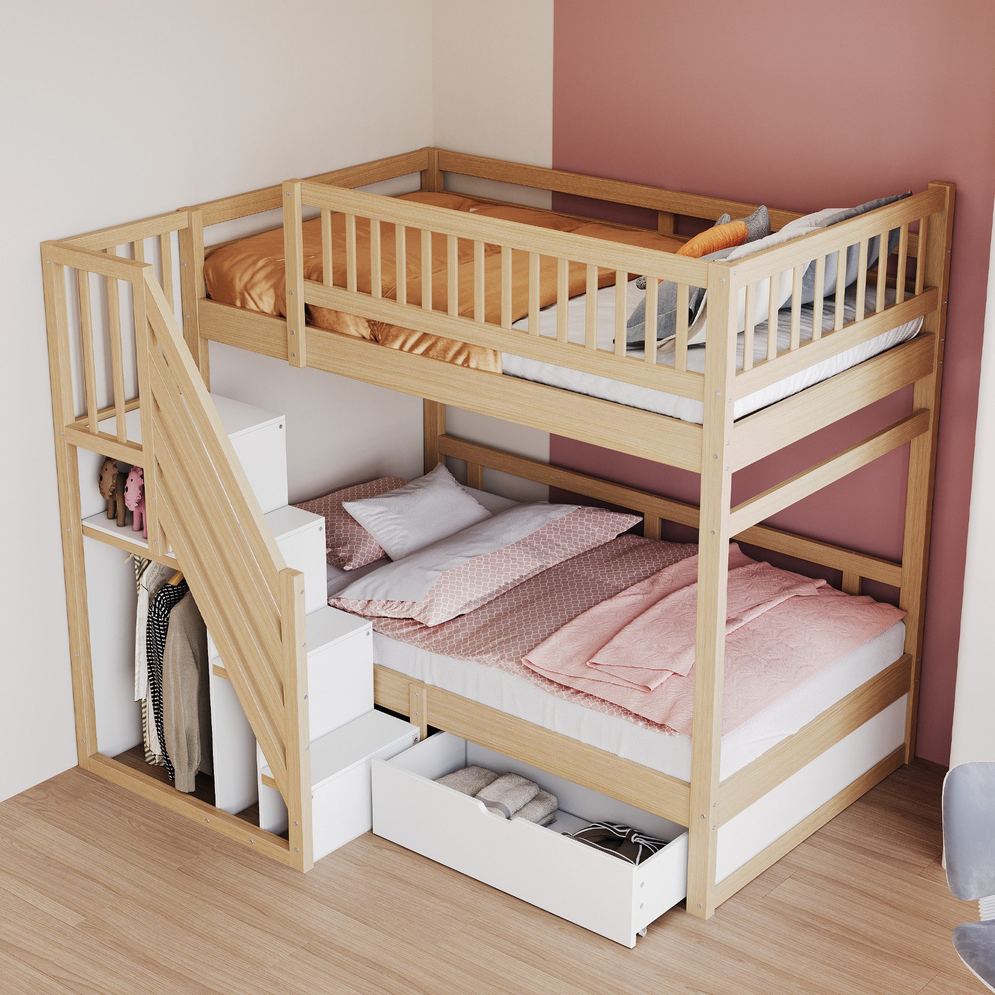 HAUSS SPOLE Etagenbett 90x200cm, Sicherheitsleiter mit Stauraum, mit Stauschubladen, Natur, Ohne Matratze