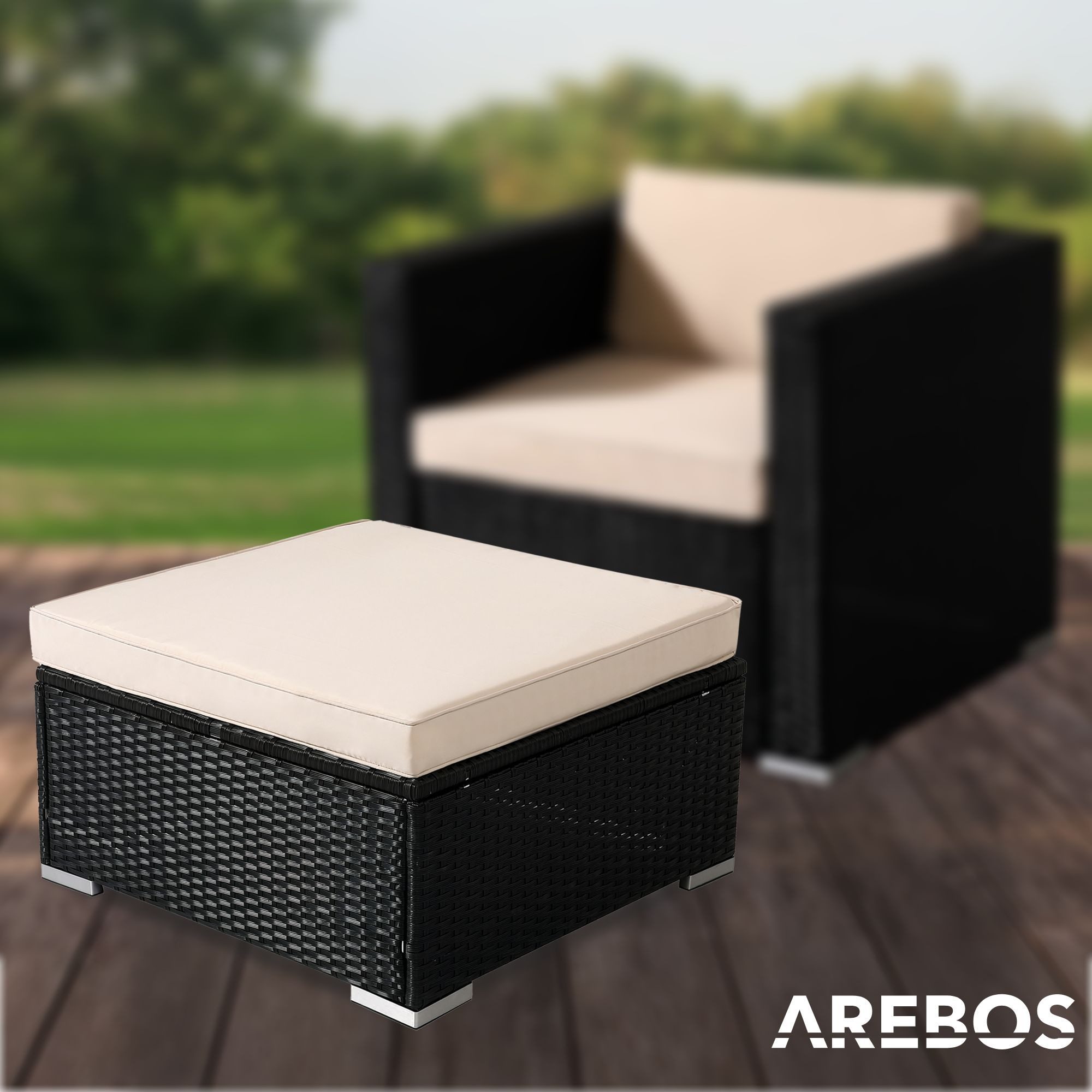Arebos Hocker Inkl. Sitzkissen, Wetterbeständiger Garten-Hocker, 75 x 75 x 45 cm, Leichtes, witterungsbeständiges, rostfreies Aluminiumgestell