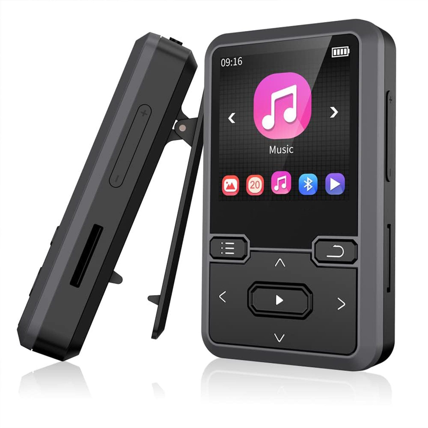 MOPUEA 64GB Clip-MP3-Player Multifunktional mit Bluetooth 5.0,Schrittzähler MP3-Player (64 GB Speicher, Bluetooth 5.0, Clip, HiFi, FM, 21 Std. Laufzeit)