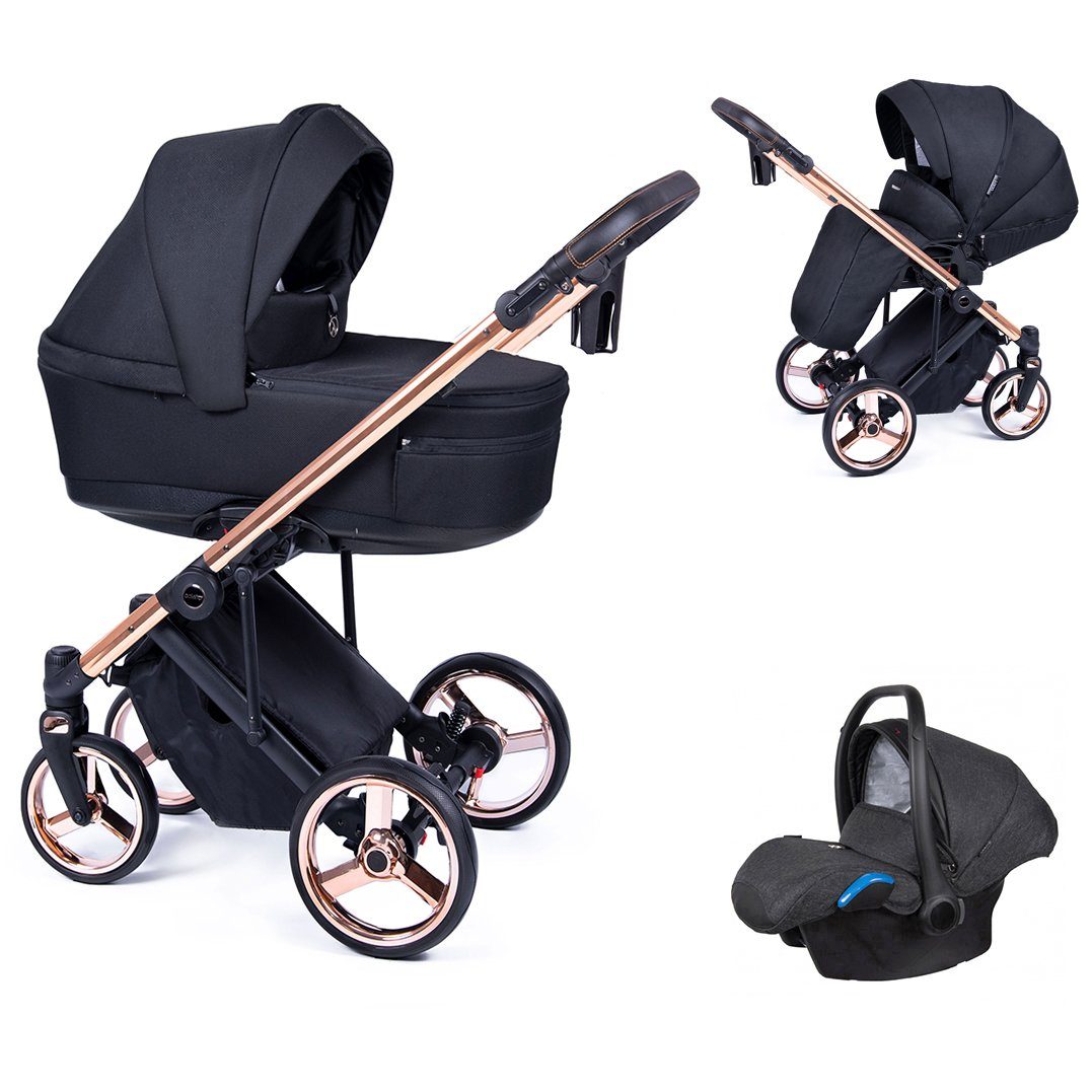 babies-on-wheels Kombi-Kinderwagen 3 15 Gestell in gold - Designs Fado in 1 24 - = Kinderwagen-Set Schwarz Teile