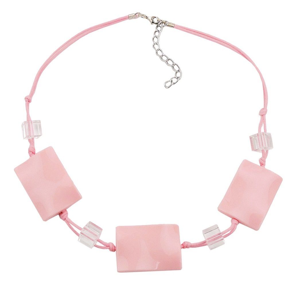 unbespielt Collier Kette mit 3 Vierecken gewellt rosa glänzend Baumwollkordel rosa 45 cm, Modeschmuck für Damen