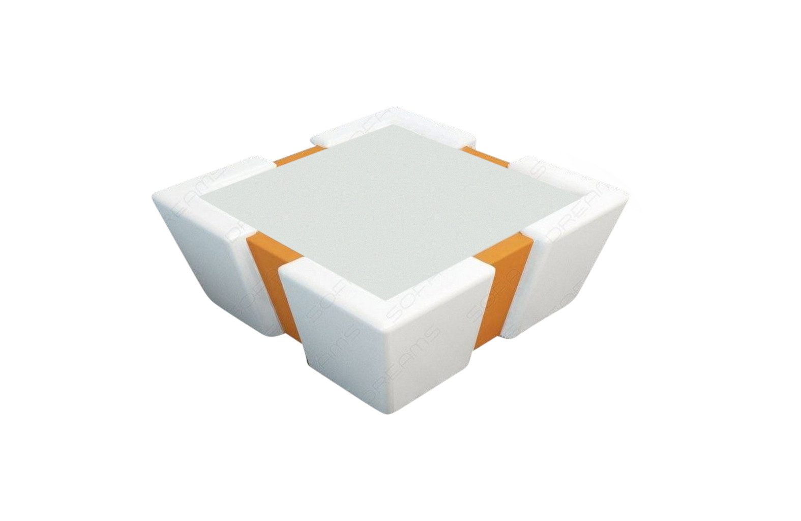 Sofa Dreams Couchtisch Couchtisch Apollonia Tisch Stoff mit Sicherheitsglasplatte 12mm (1 Tisch), Mikrofaser Bezug in Orange, Akzentfarbe Weiß, mit LED-Beleuchtung