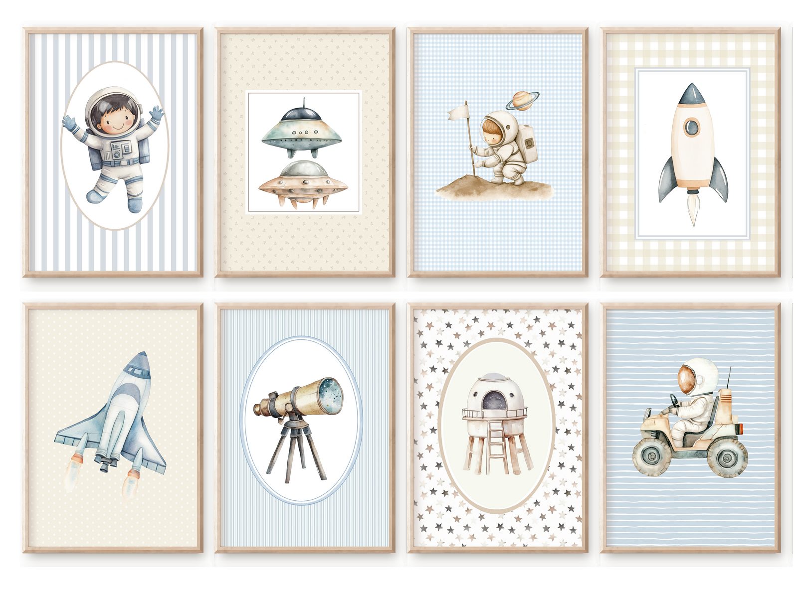homestyle-accessoires Mehrteilige Bilder Kinderzimmer Bilderwand 8erSet Bilderset Babyzimmer WELTALL RAKETE, Hochformat, Künstlerpapier, ohne Rahmen