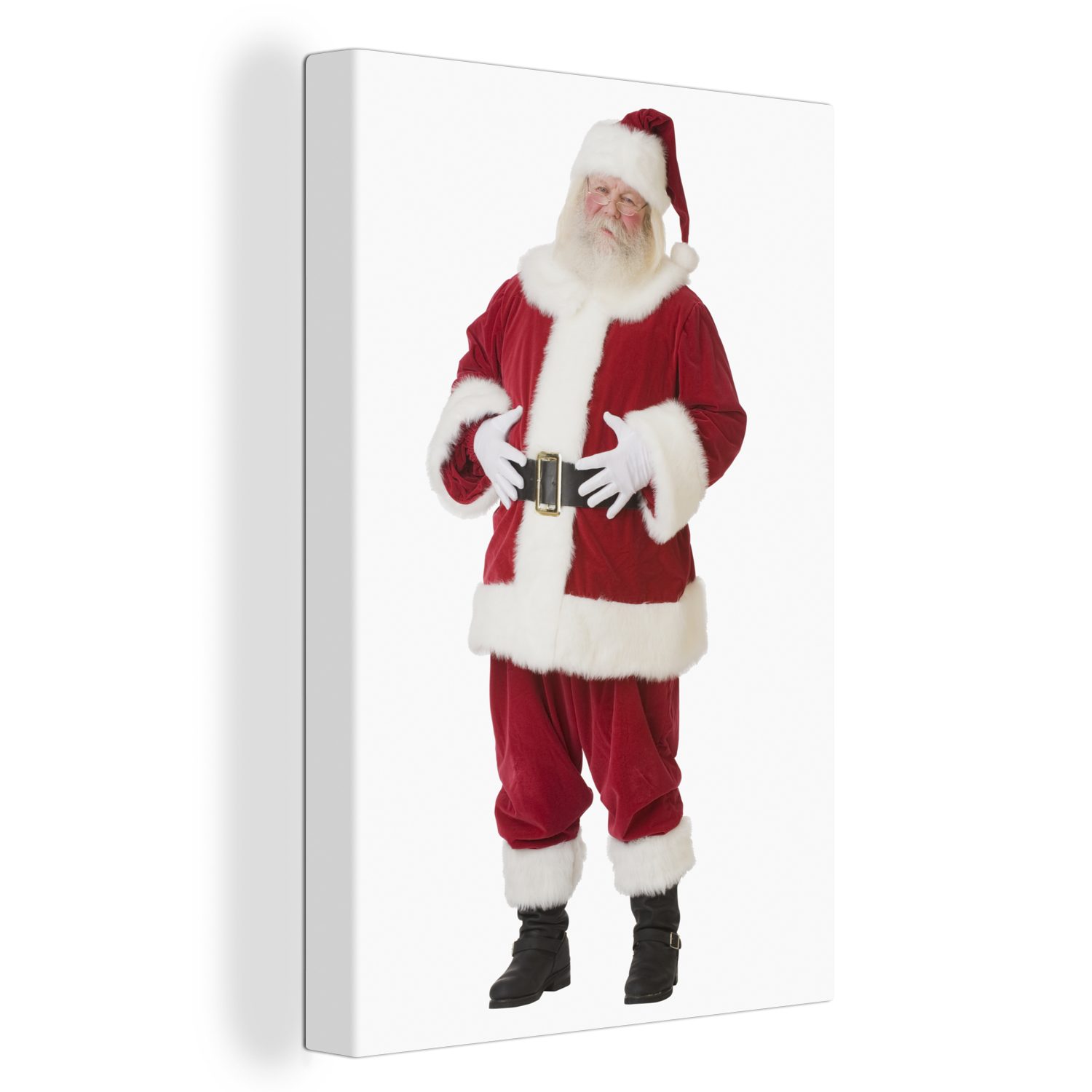 Einkaufszentrum OneMillionCanvasses® Leinwandbild Der Weihnachtsmann Bauch, Händen seinem inkl. Zackenaufhänger, auf bespannt Gemälde, (1 fertig St), Leinwandbild 20x30 mit cm den