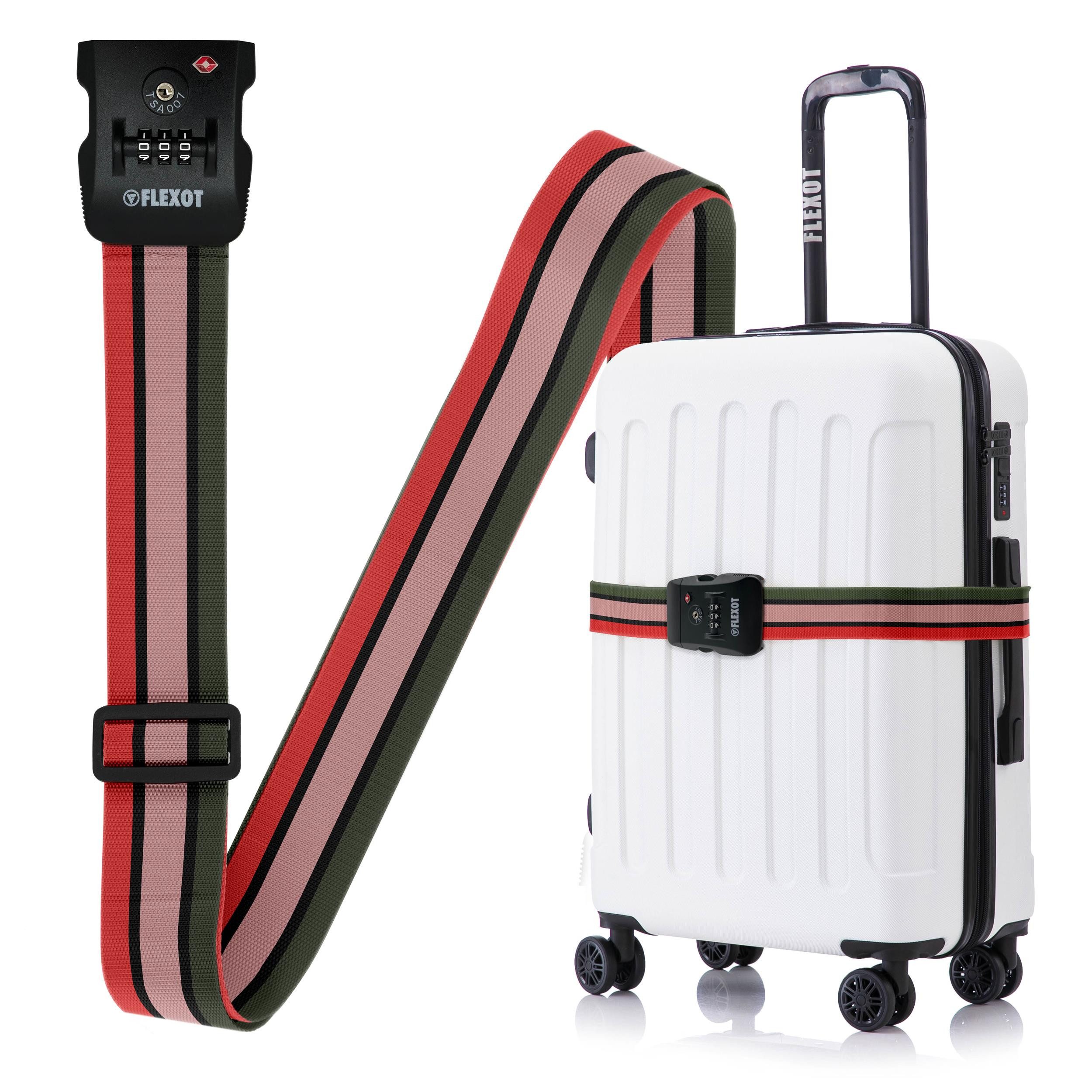 Flexot Koffergurt Koffergurt mit Zahlenschloss & TSA, verstellbare Länge, Namensschild, Flexibel anpassbarer und stabiler Gurt mit praktischer Schnalle